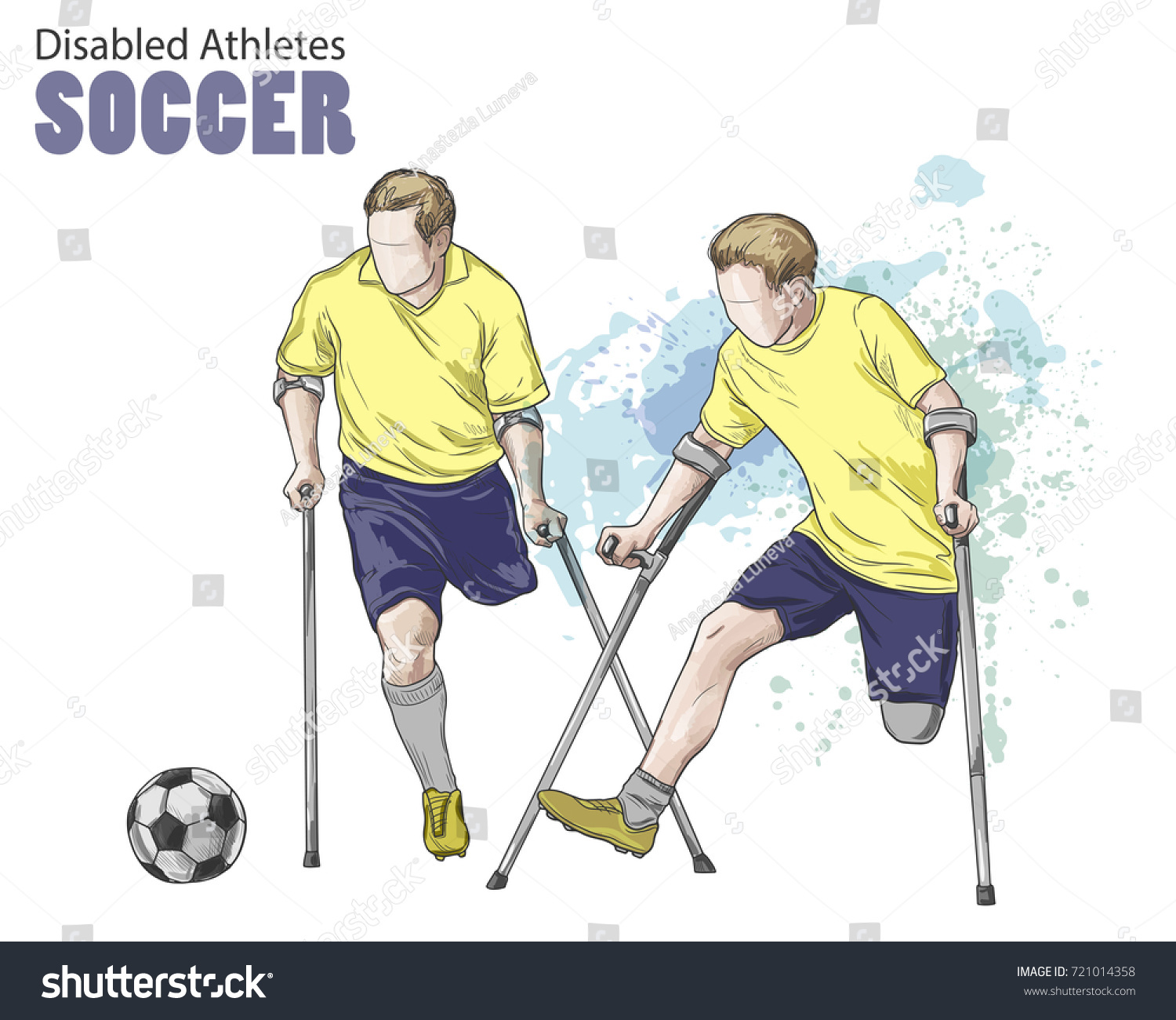 SVG of Hand drawn illustration. Amputee Football players. Vector sketch sport. Graphic figure of disabled athletes on crutches with a ball. Active people. Recreation lifestyle. Man. Handicapped people. svg