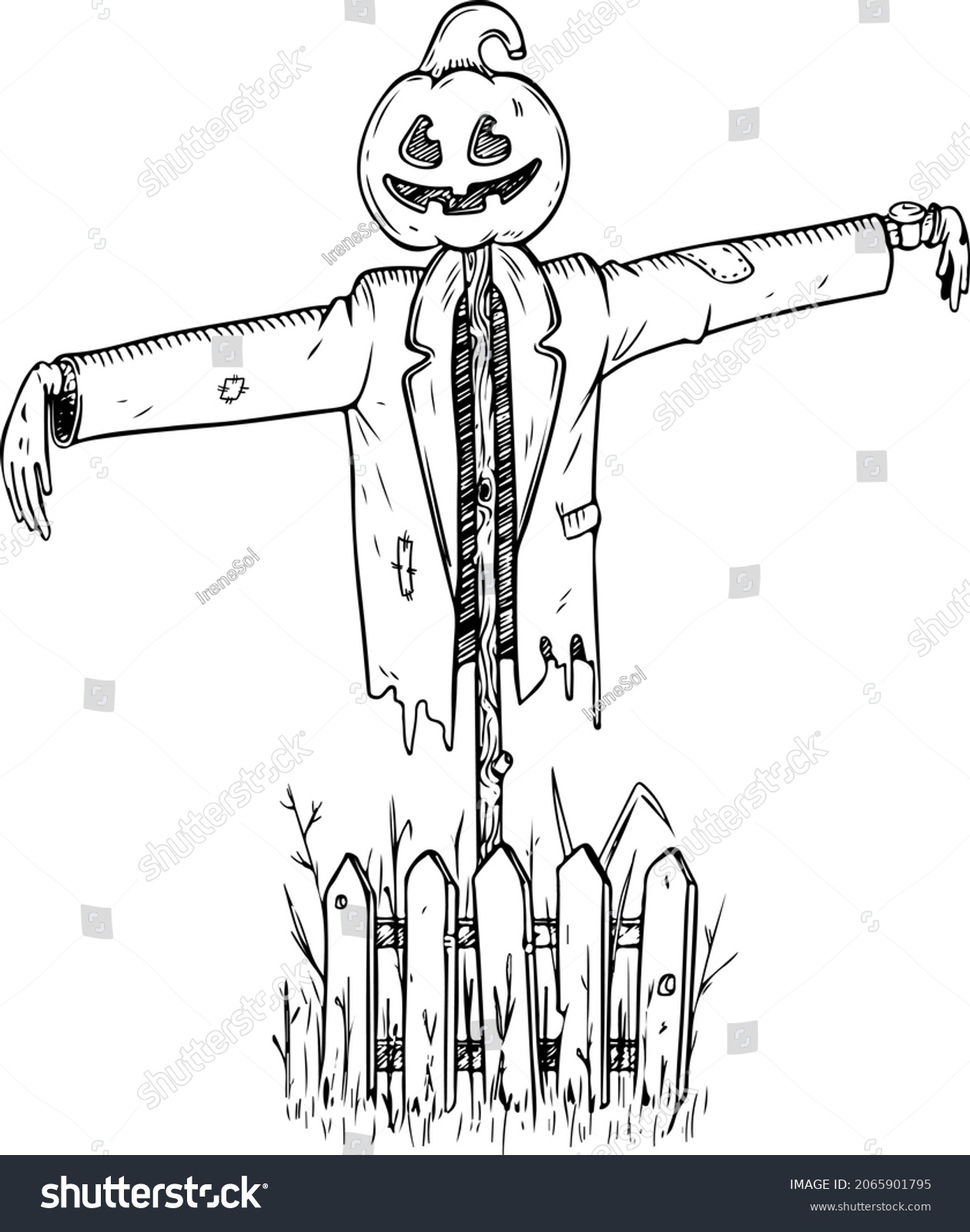 Hand Drawn Illustration Scarecrow Pumpkin Head Stock Vector (Royalty ...