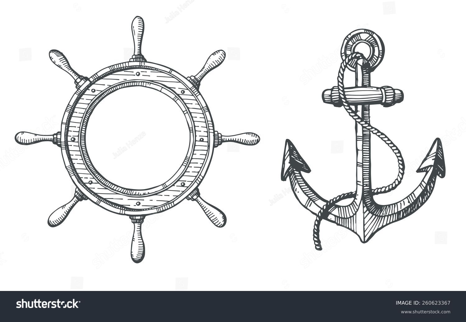 SVG of Hand drawn illustration of an anchor and a steering wheel svg