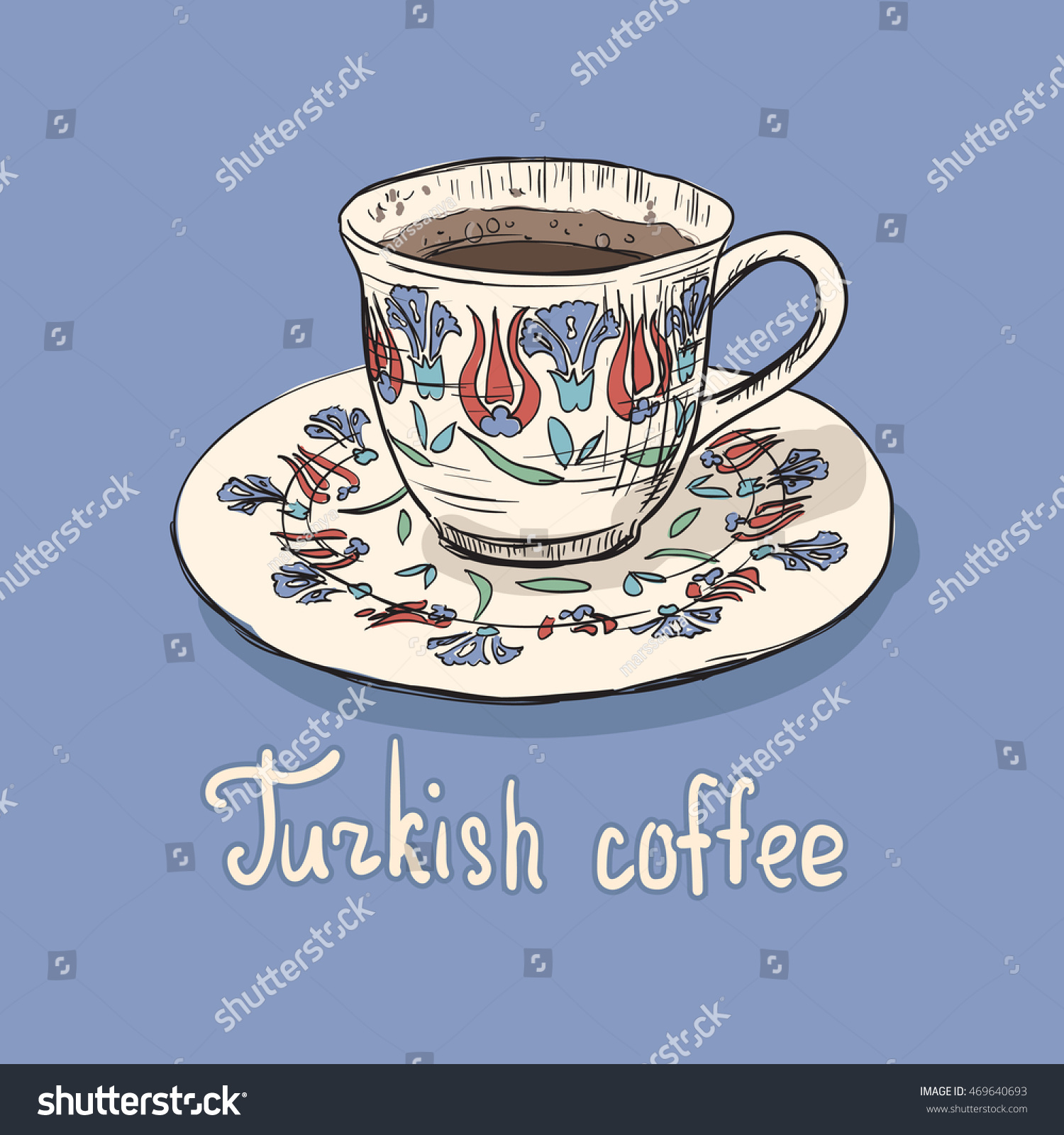 SVG of Hand drawn illustration of cup of coffee. Unique drawing turkish coffee cup with national decorative element and flower patterns. Istanbul coffee time. Turkish culture.  svg