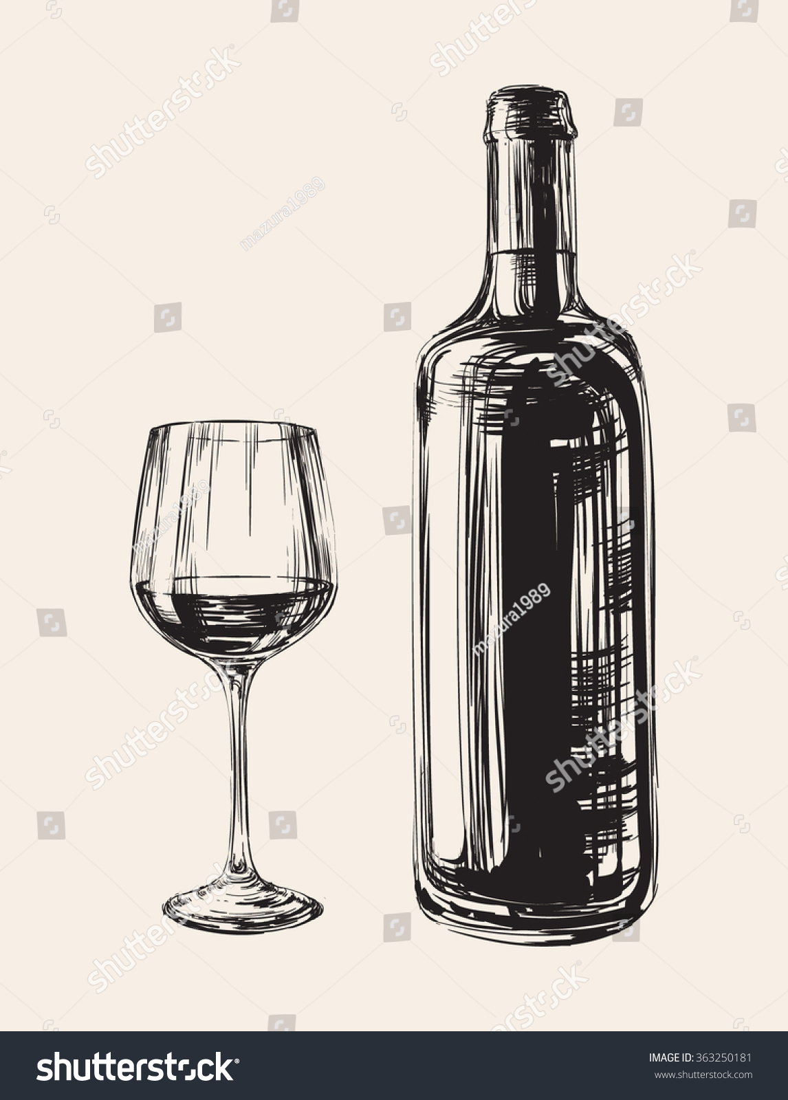 Hand Drawn Illustration Wine Glass Bottle Stock Vector (Royalty Free ...