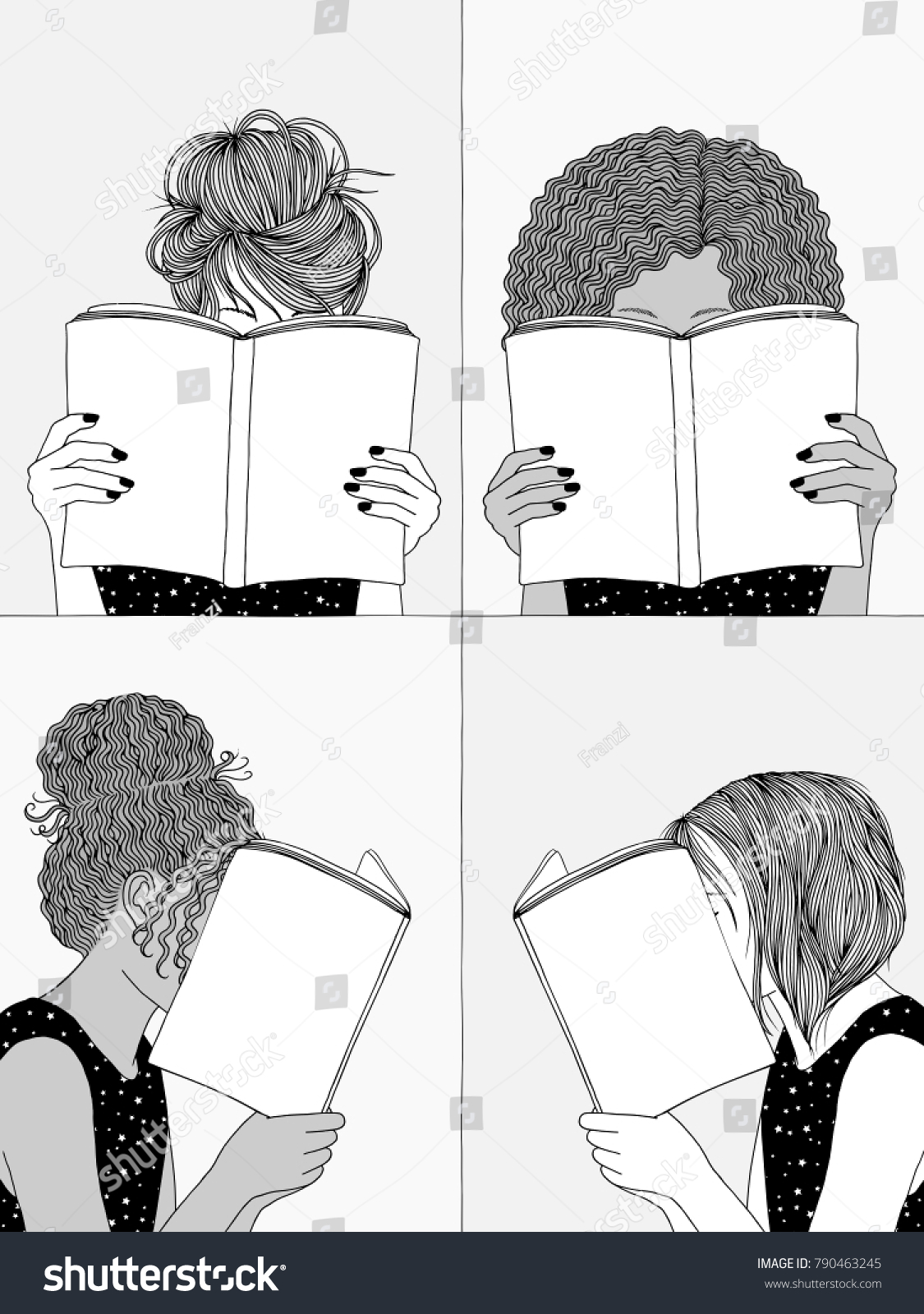 読む女の子の手描きのイラスト 本の後ろに顔を隠す 空の本に自分の本を追加 のベクター画像素材 ロイヤリティフリー