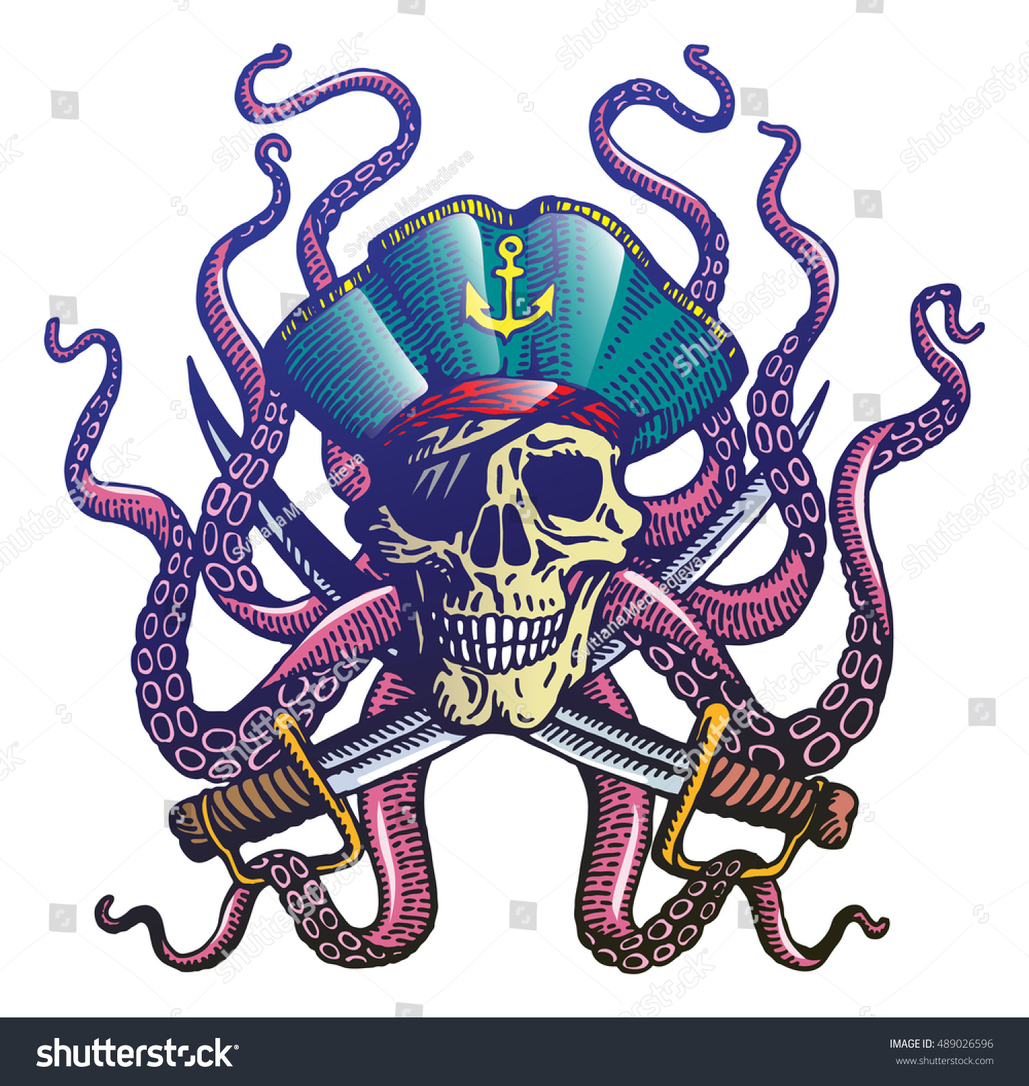 Hand Drawn Illustrations Pirate Skull Tentacles Stock Vector Royalty Free 489026596