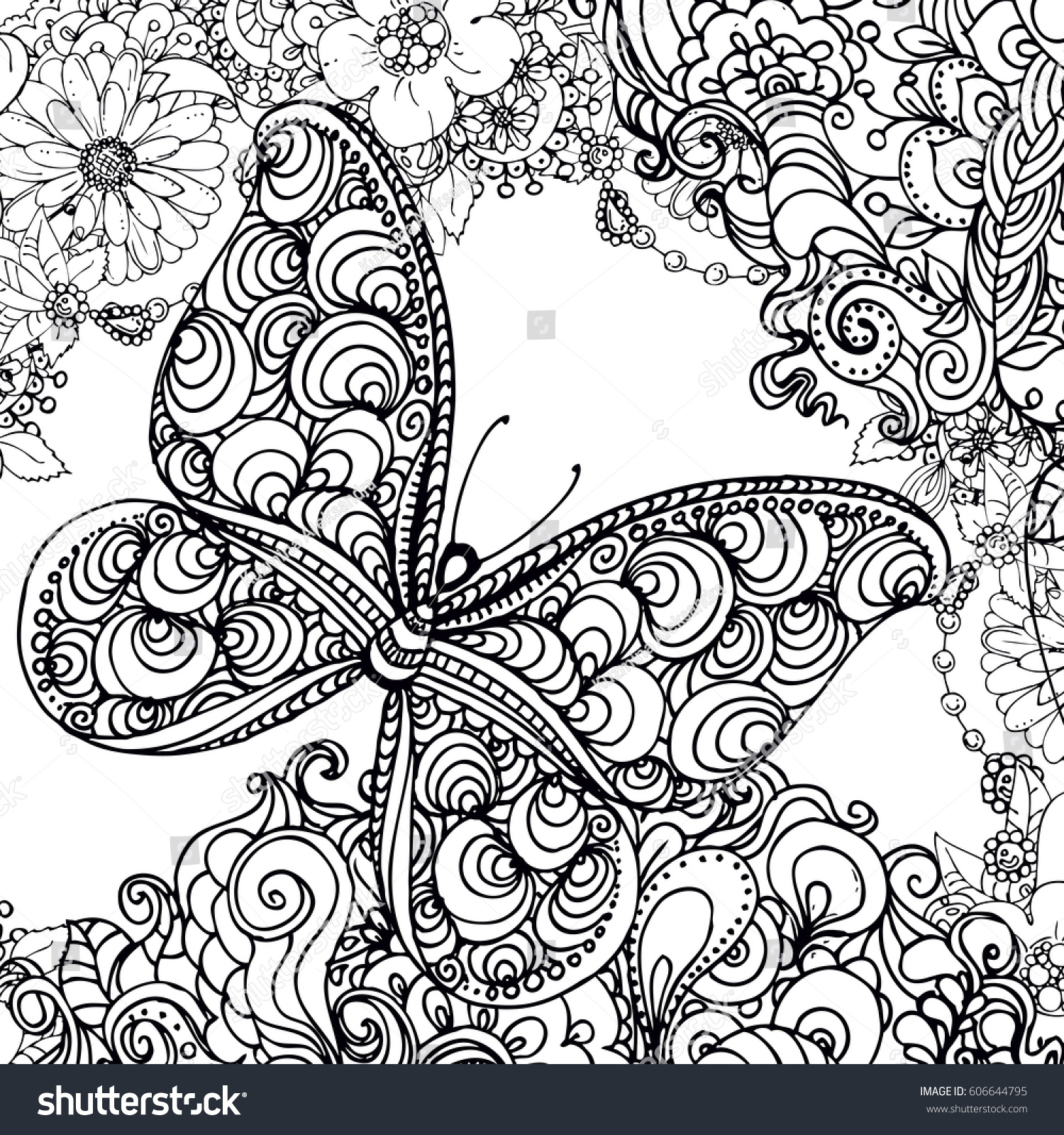 Hand Drawn Ink Doodle Butterfly Flowers Stock Vector Royalty Free