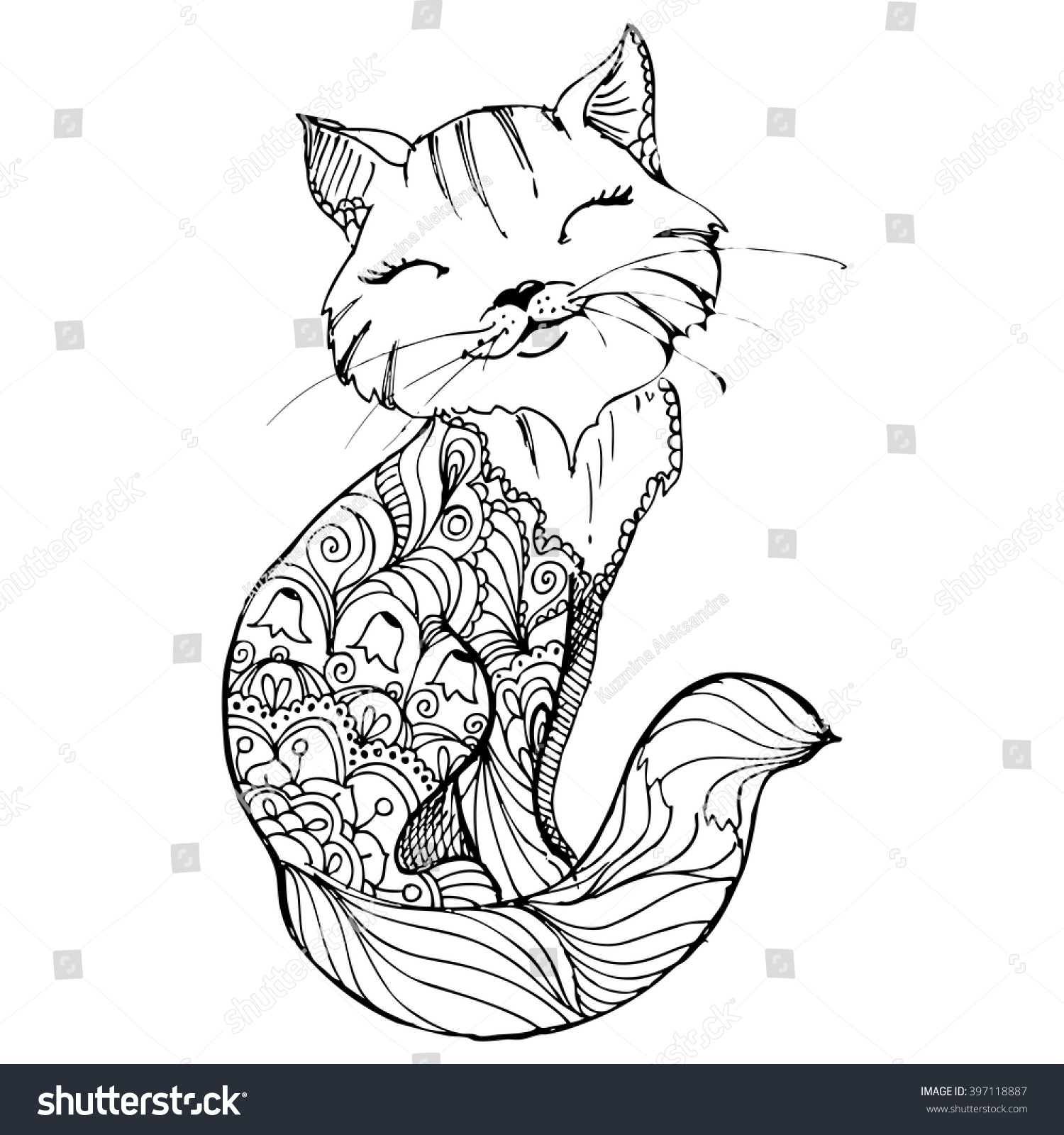 stock-vector-hand-drawn-ink-doodle-cat-on-white-background-coloring-page-zendala-design-for-adults-poster-397118887