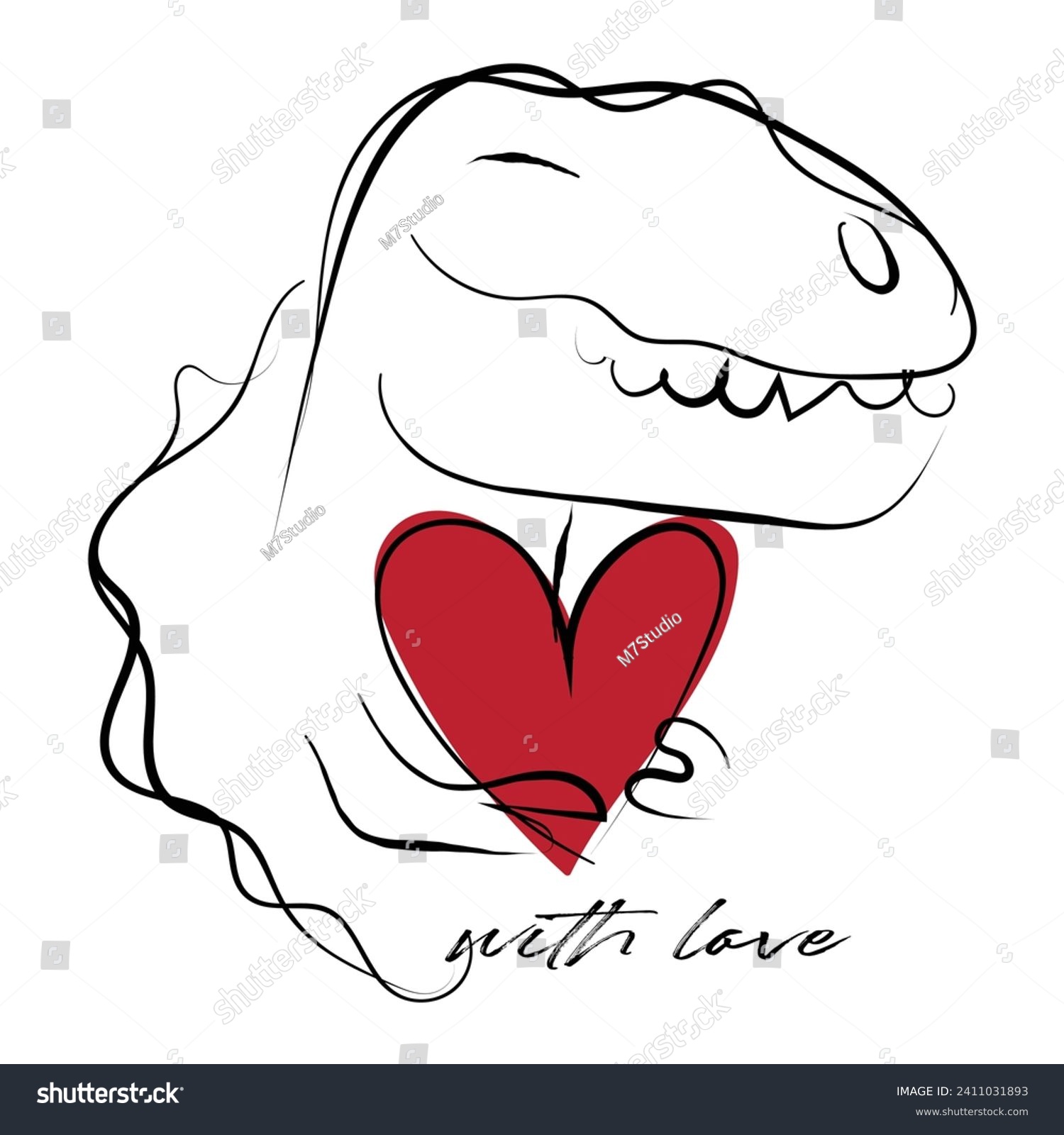 SVG of Hand drawn line art of dinosaur holding heart. svg