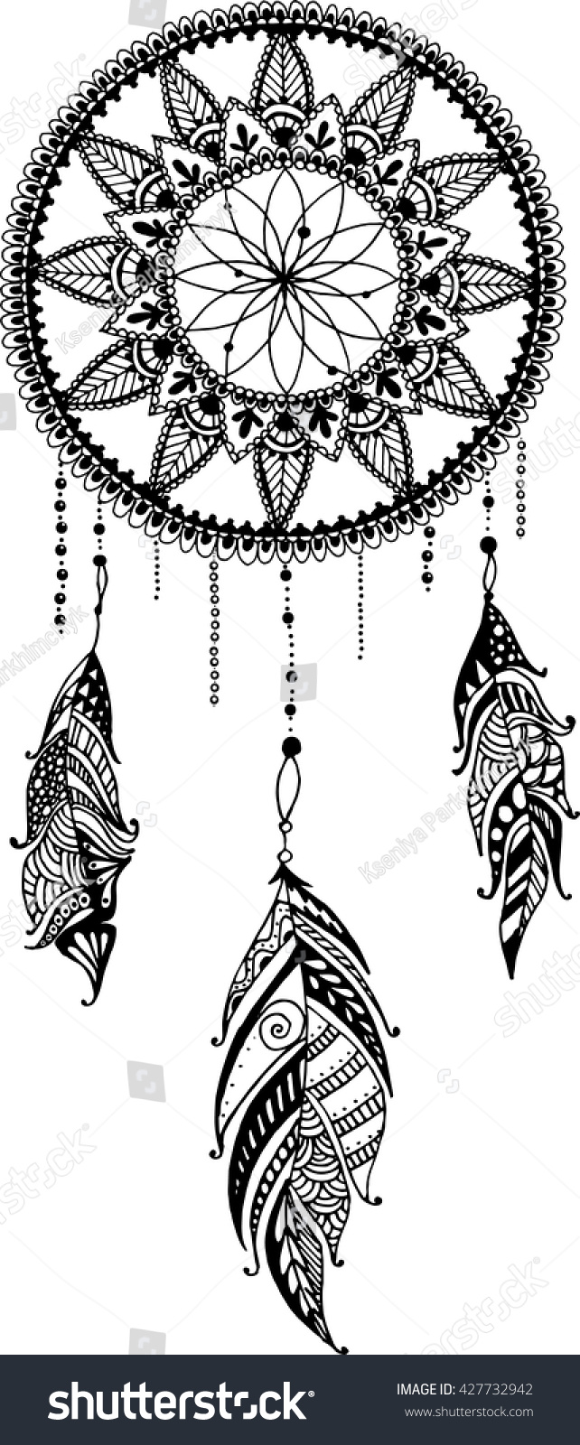 SVG of Hand-drawn mandala dreamcatcher with feathers. Ethnic illustration, tribal, American Indians traditional symbol. svg
