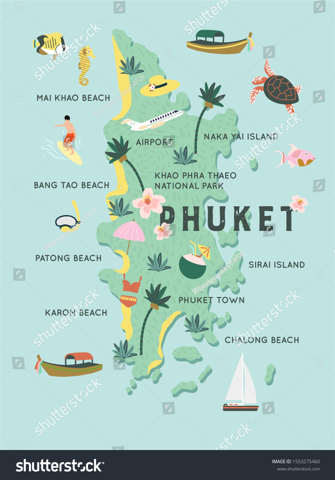 Hand Drawn Map Phuket Island Thailand Stock Vector Royalty Free 1553275460