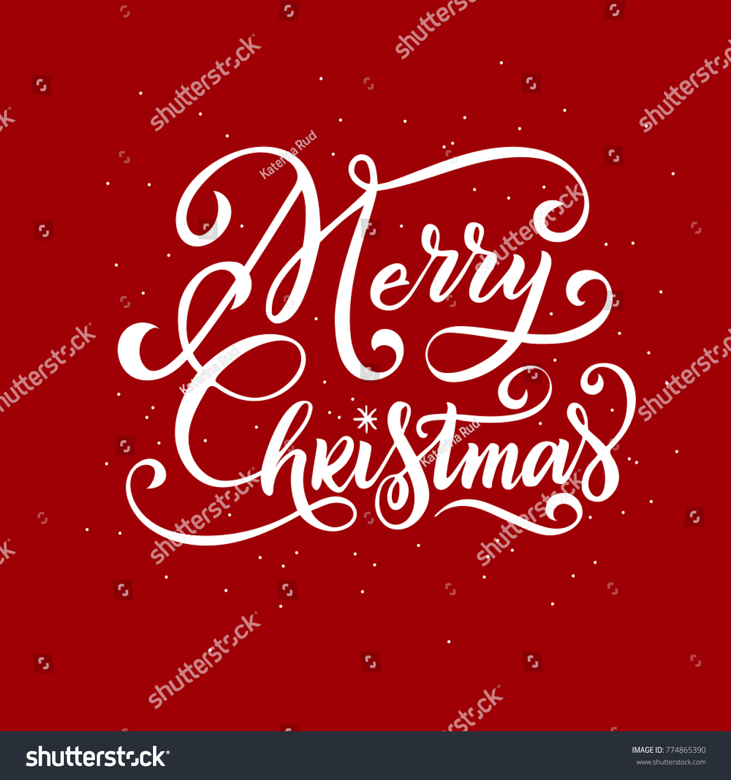 Vector merry christmas lettering with paper christmas ornament ribbon bow golden stars and snowflakes on shiny snow background