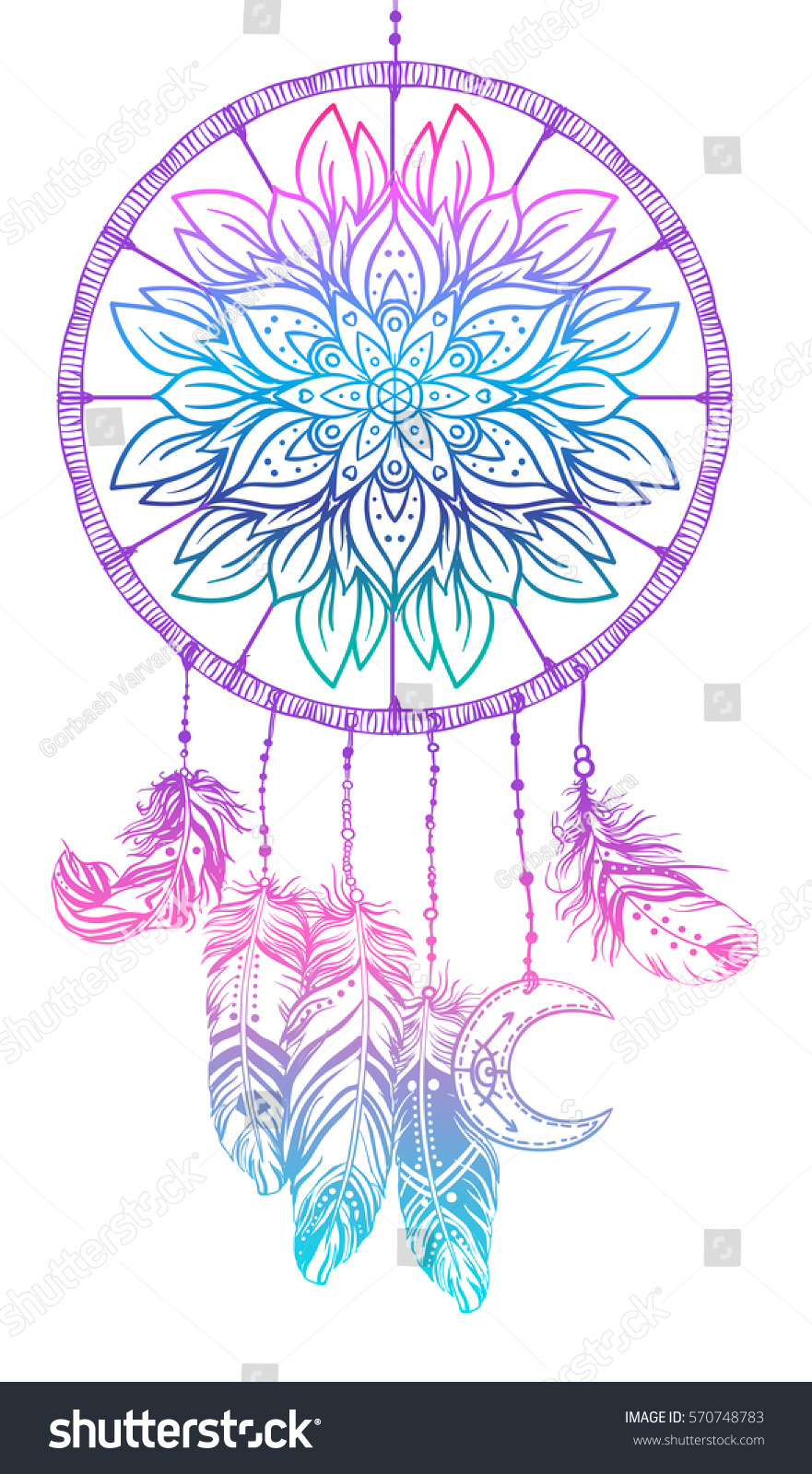 SVG of Hand drawn Native American Indian talisman dream catcher with mandala round pattern, feathers, moon. Vector hipster illustration isolated on white. Ethnic design, boho, dreamcatcher tribal symbol.  svg