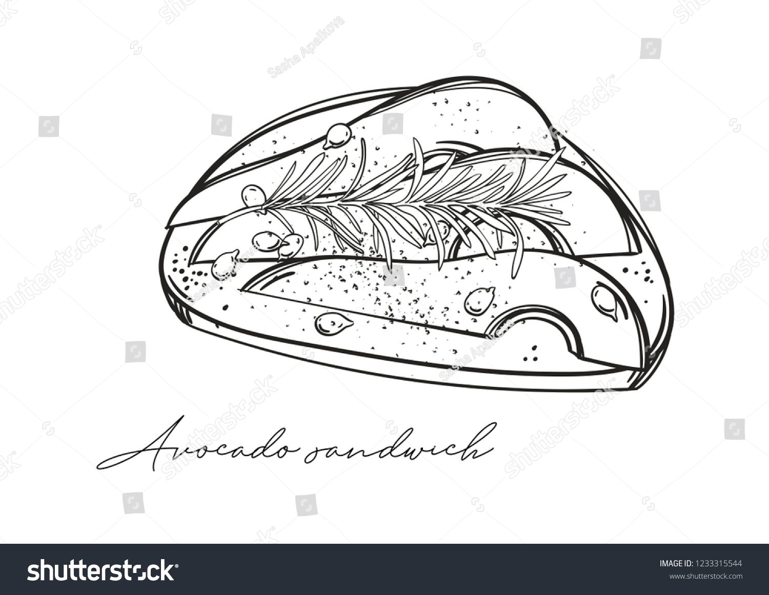 SVG of Hand drawn outline avocado sandwich with pepper, seeds and rosemary. Healthy breakfast. Vegetarian meal. Isolated on white background vector illustration svg