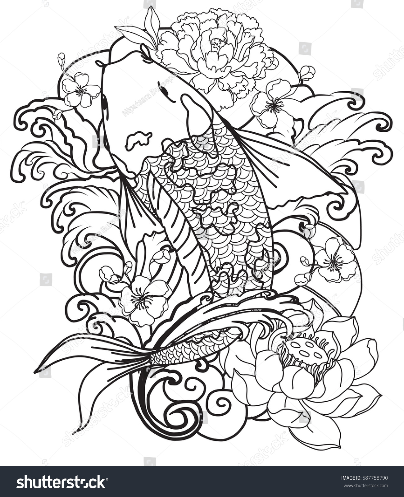 Hand Drawn Outline Koi Fish Tattoo Stock Vector (Royalty Free ...