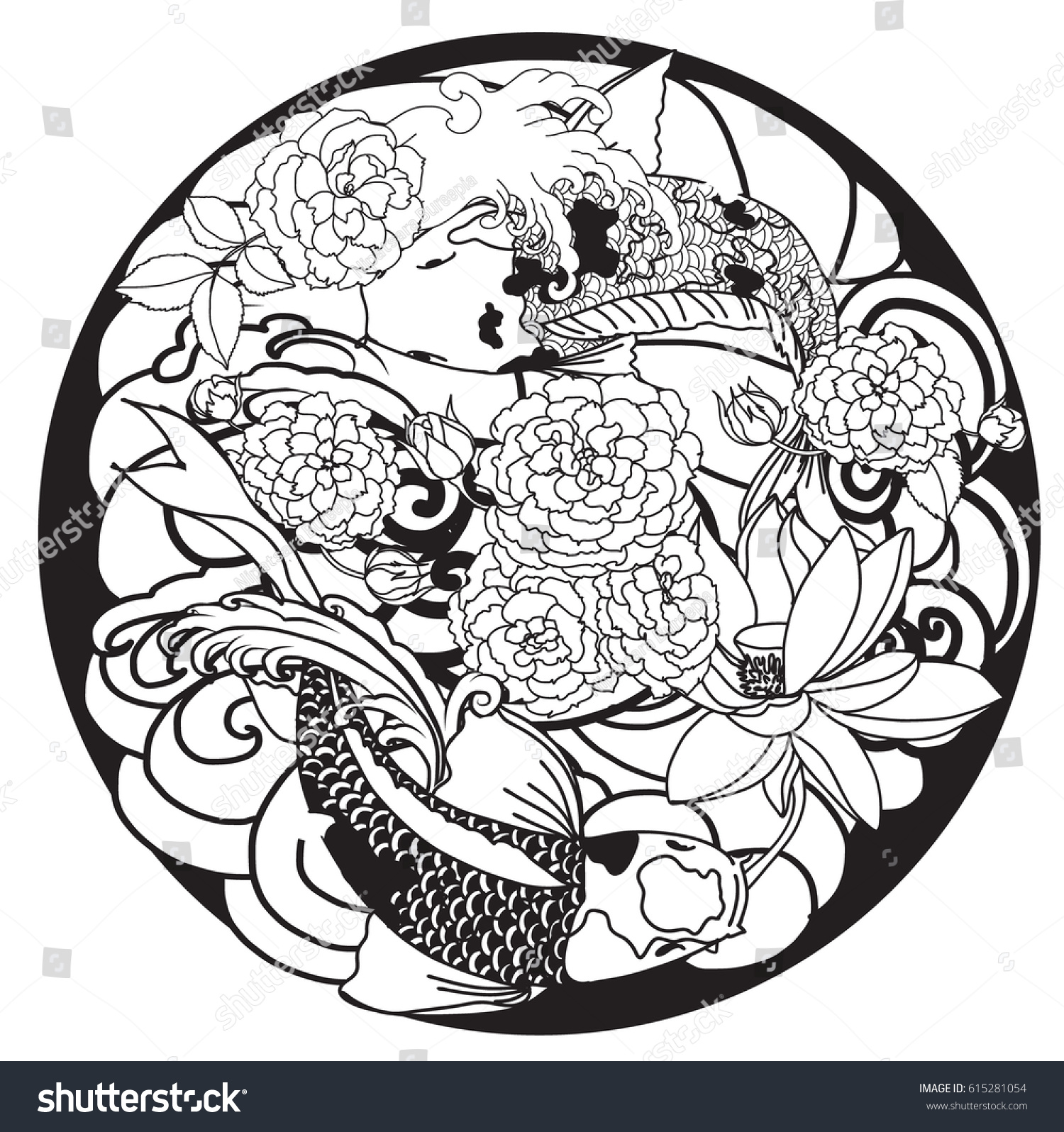 Hand Drawn Outline Koi Fish Tattoo Stock Vector Royalty Free