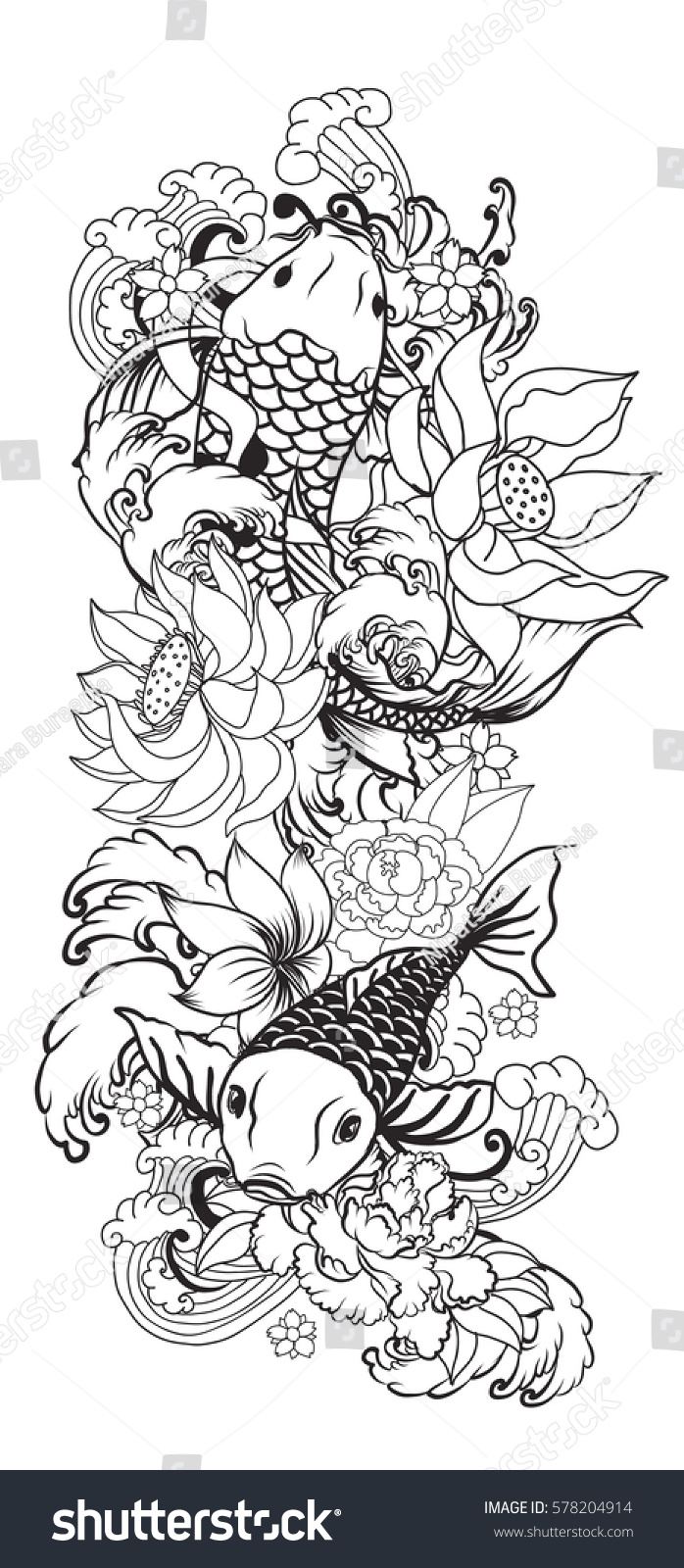 Hand Drawn Outline Koi Fish Tattoo Stock Vector Royalty Free