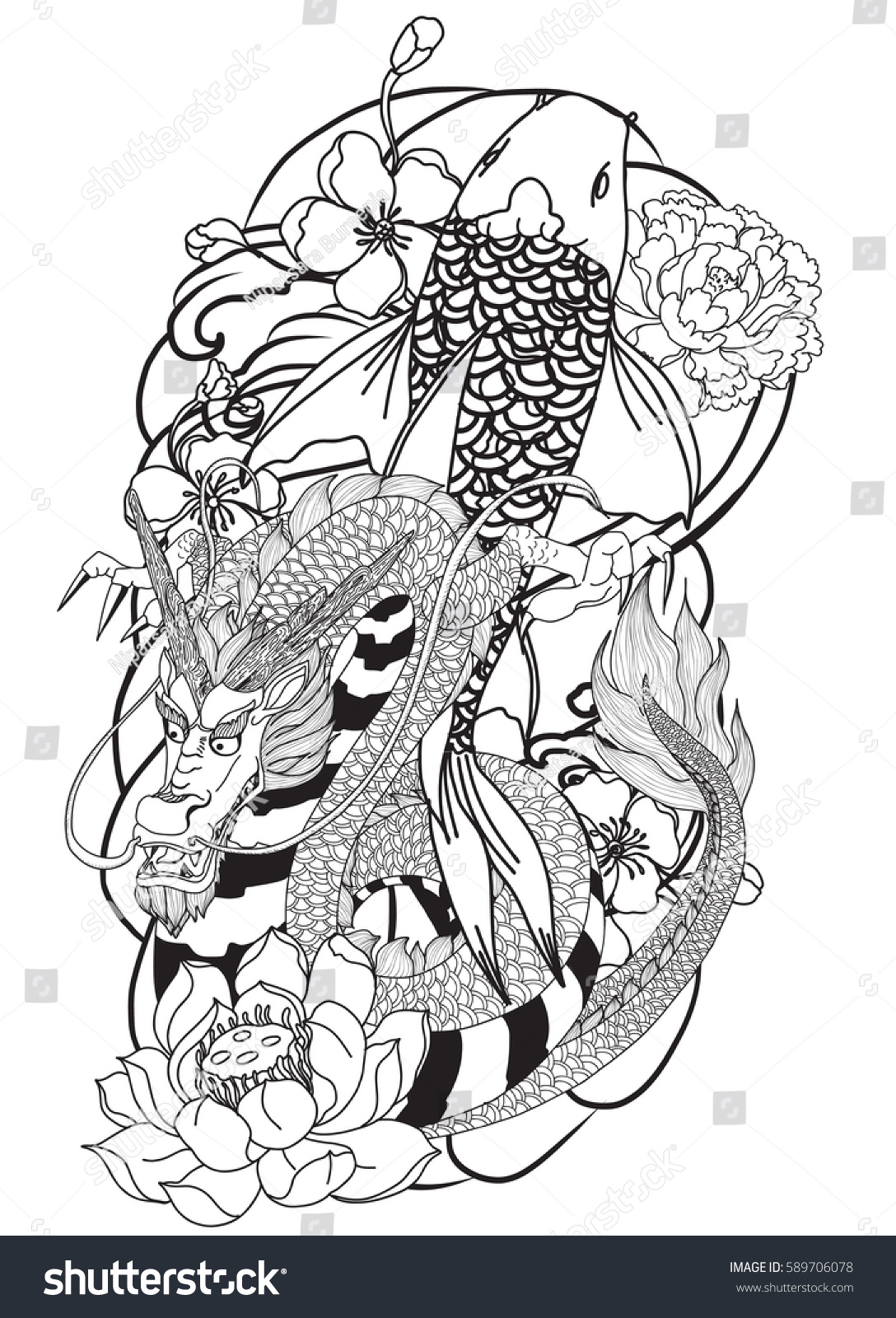 Koi Fish Dragon Tattoo Outline