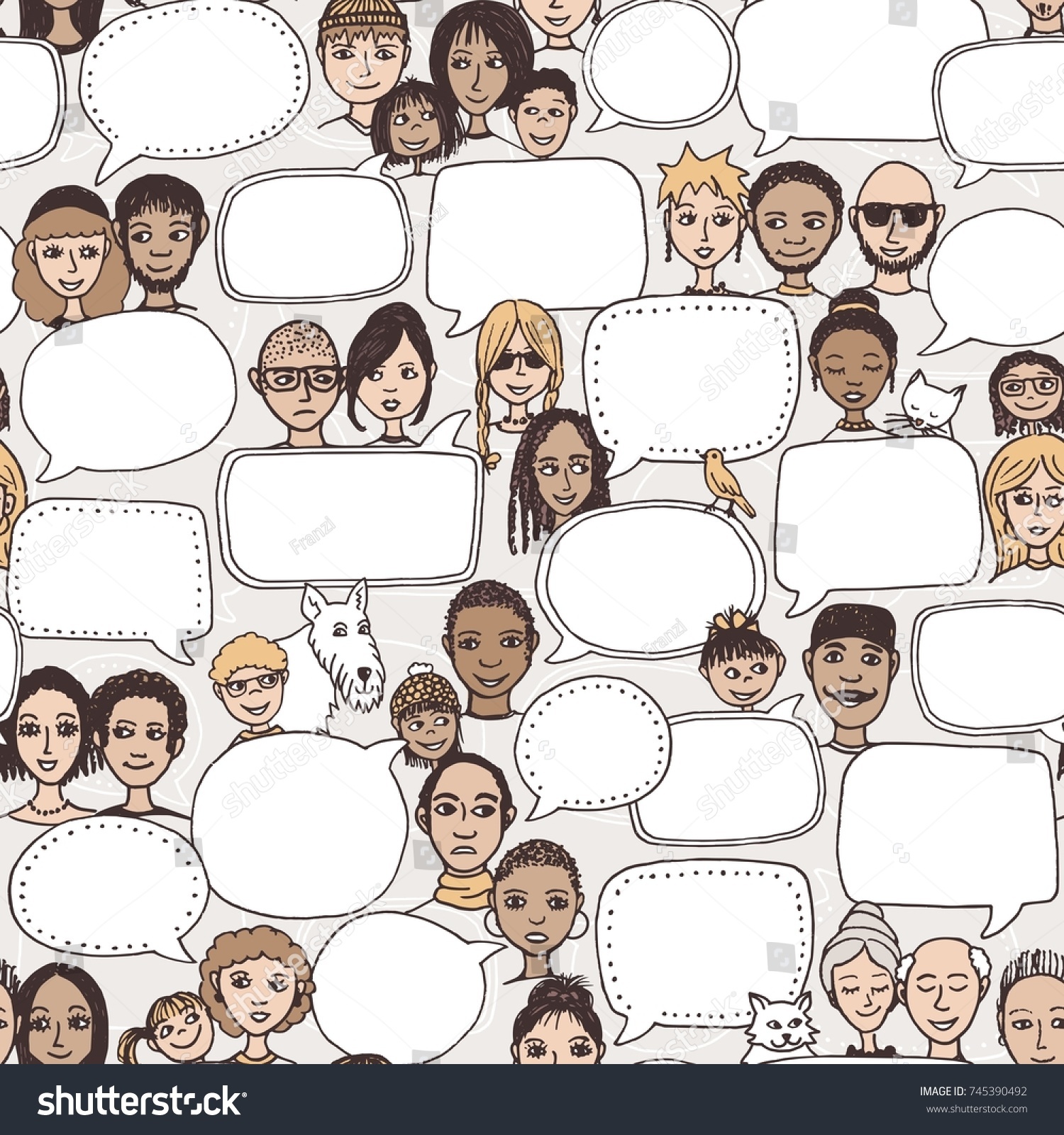 Hand Drawn Pattern Cute Doodle Faces Stock Vector (Royalty Free) 745390492