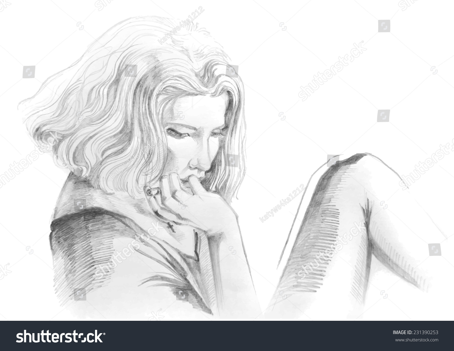 Hand drawn pencil sketch with portrait of a sad smoking girl female portrait