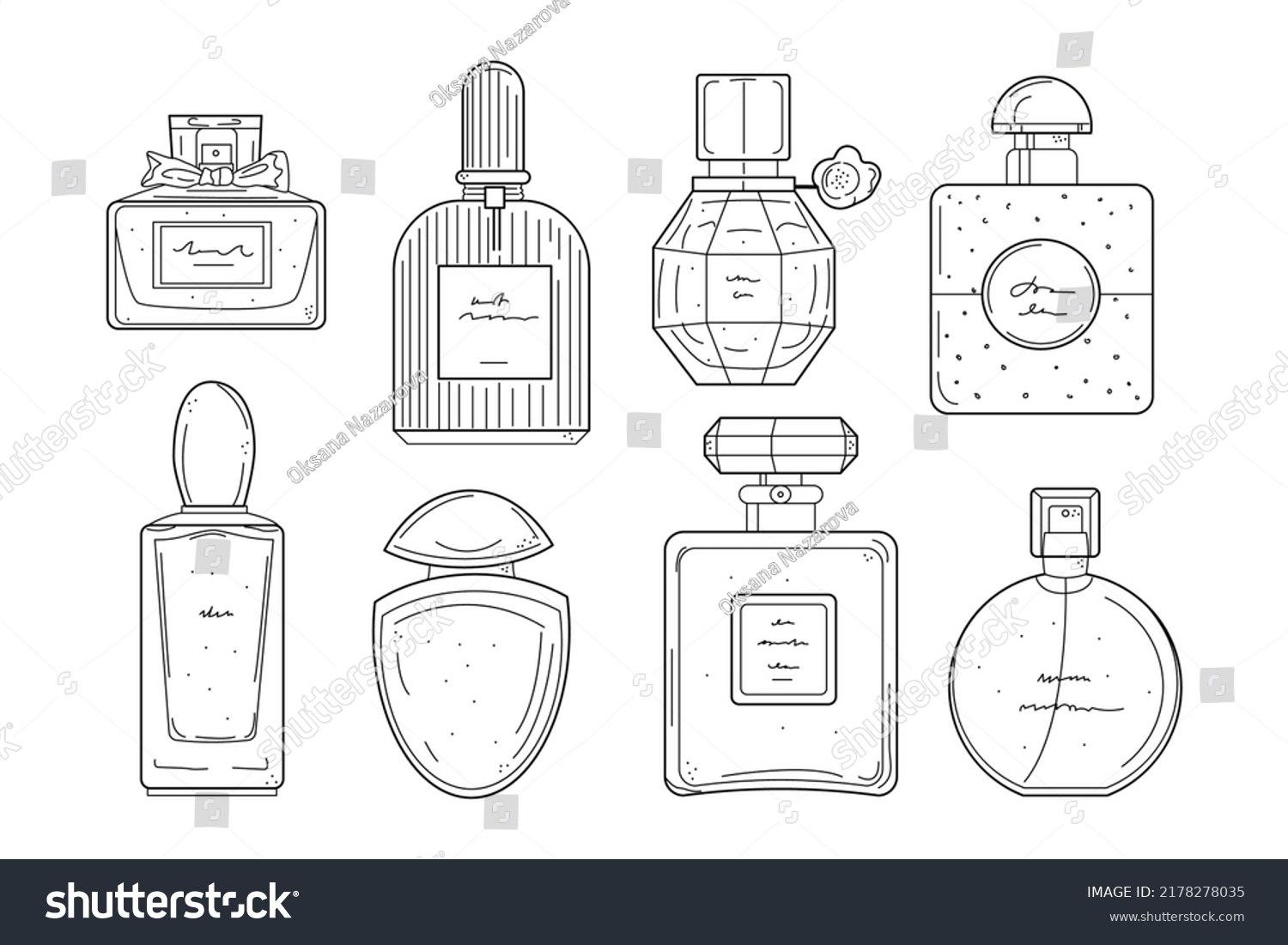 SVG of Hand drawn perfume bottles line icons set. Glass flasks with perfume, eau de toilette, fragrance in doodle style. Vector illustration svg