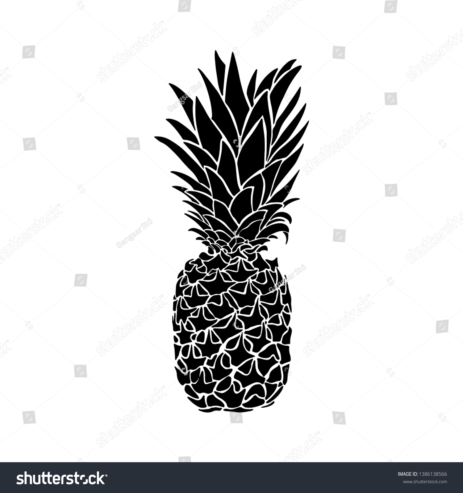 SVG of Hand Drawn pineapple shilloutte. Tropical fruit isolated on white background. Black and white print of pineapple svg