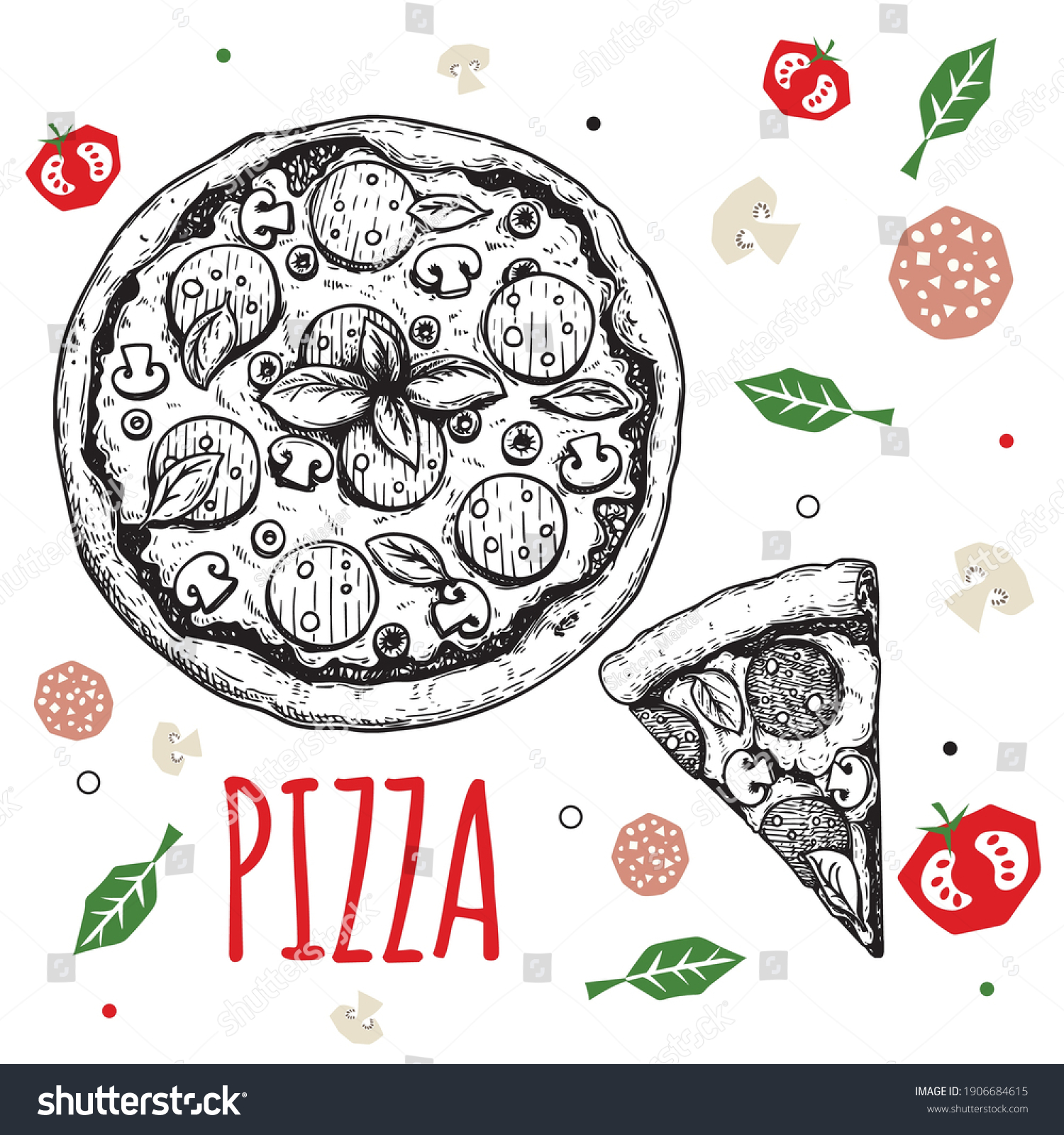 Hand Drawn Pizza Pepperoni Design Template Vetor Stock Livre De