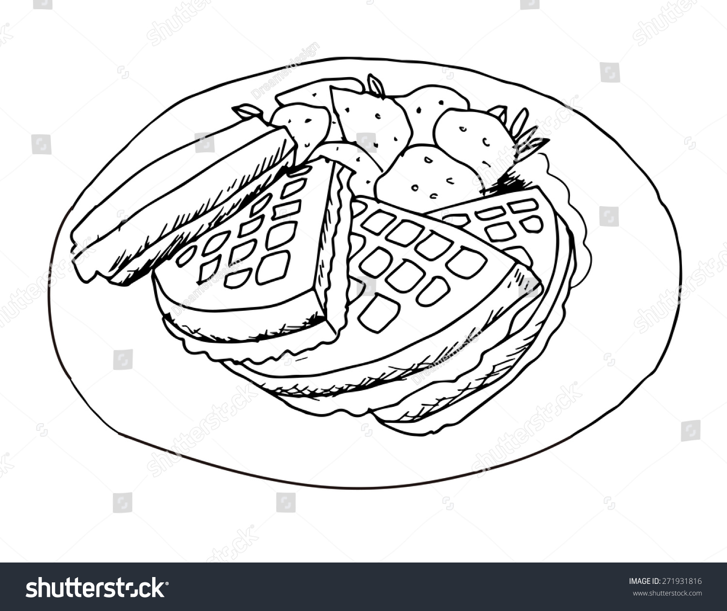 Hand Drawn Plate Belgian Waffles Stock Vector Royalty Free