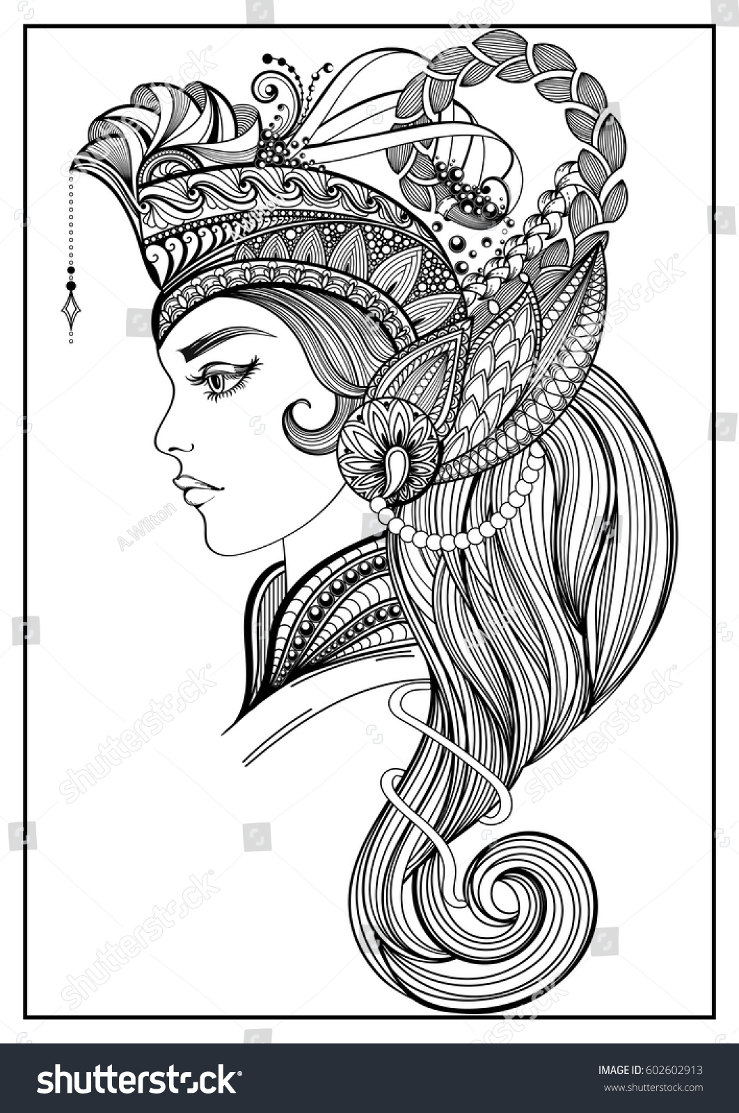 Hand drawn portrait of a bohemian goddess with ornate crown Design for adult coloring page