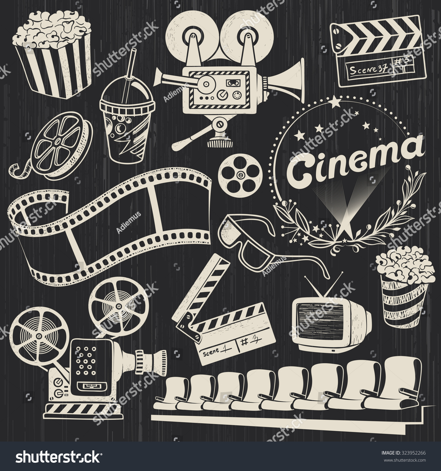 Hand-Drawn Retro Cinema Illustrations In Chalkboard Style - 323952266 ...