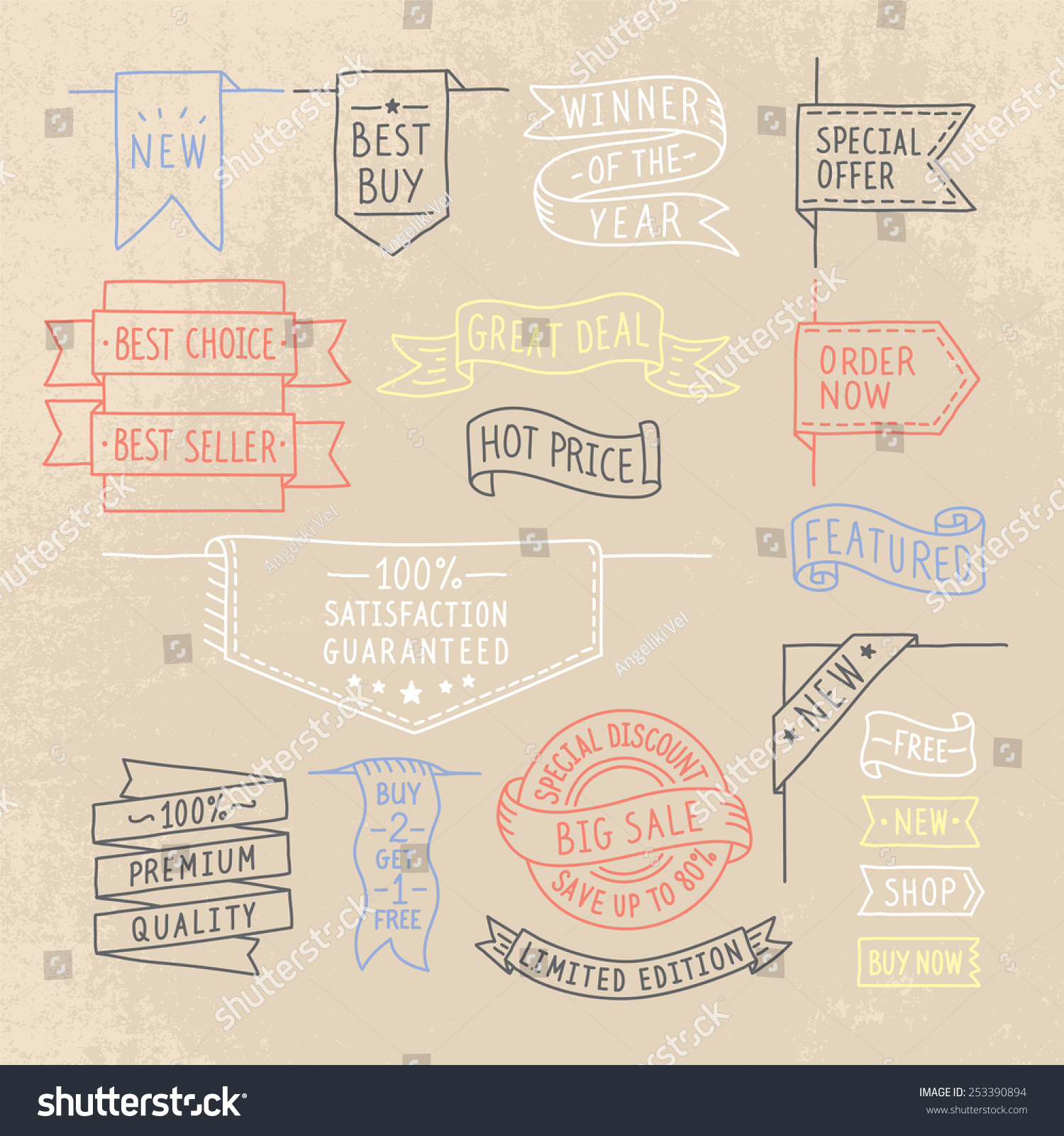 Hand Drawn Ribbons Banners Set Handwritten Stock Vector (Royalty Free