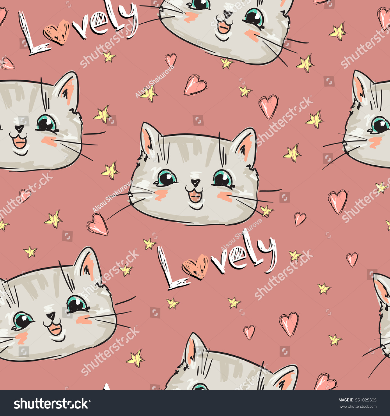 Handdrawn Seamless Pattern Background Cats Stock Vector 551025805