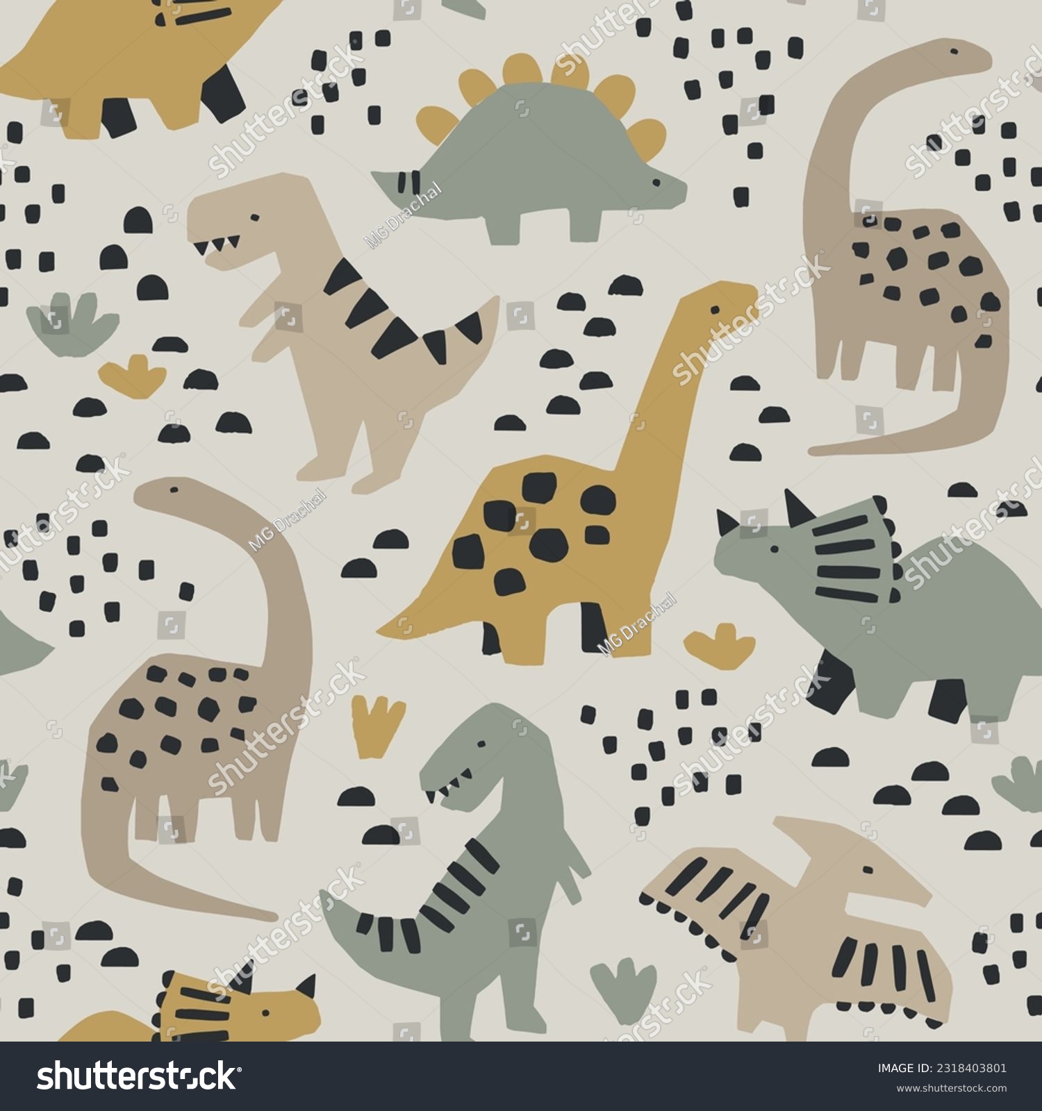 SVG of Hand drawn seamless pattern with dinosaurs and abstract shapes. Colorful Dino design. Perfect for kids fabric, textile, nursery wallpaper. Cute dino design. Vector illustration. svg