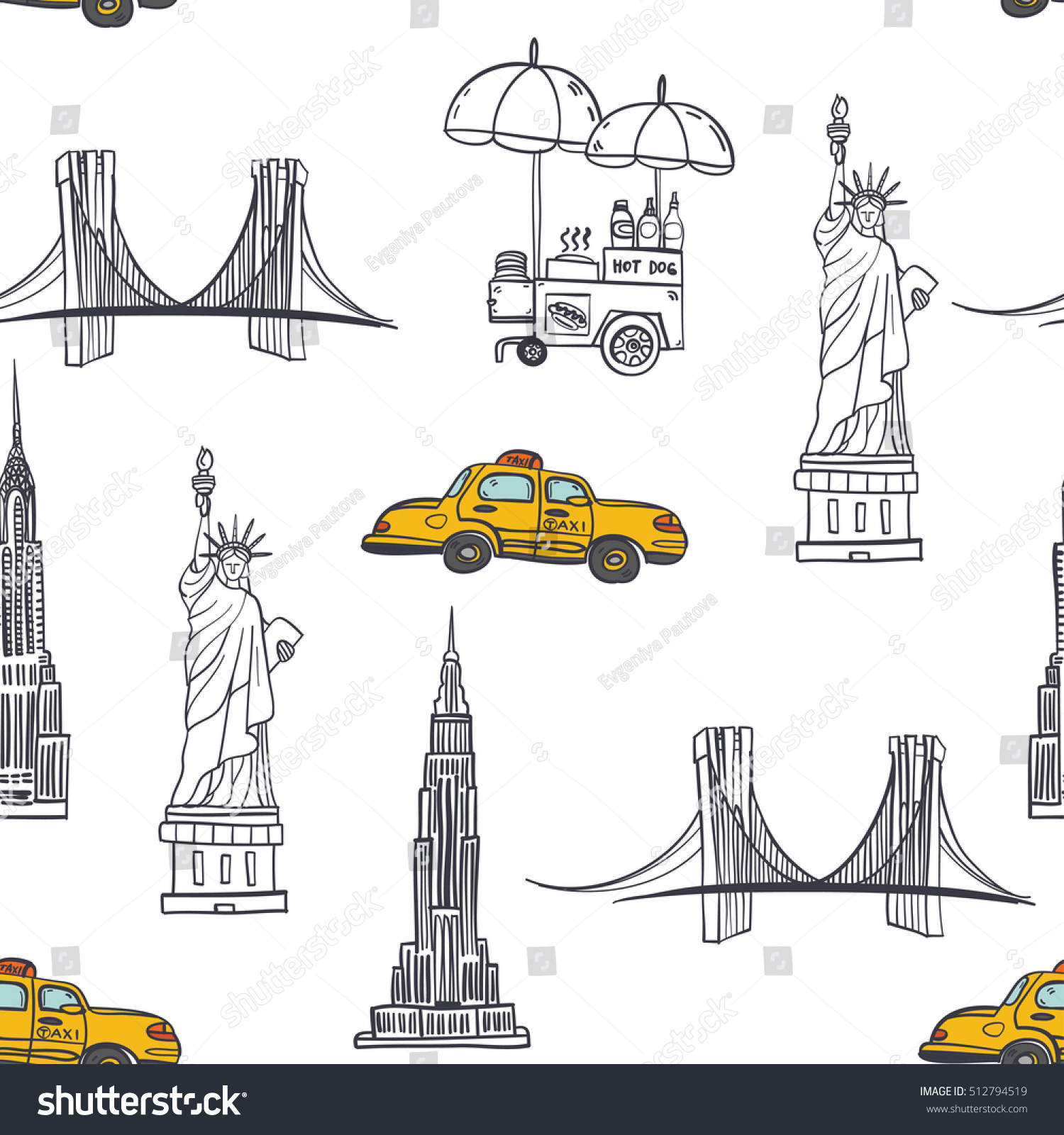 SVG of Hand drawn seamless vector pattern with symbols of New York City, statue of liberty, hot dog stand, Brooklyn bridge, Chrysler building, Empire State Building svg