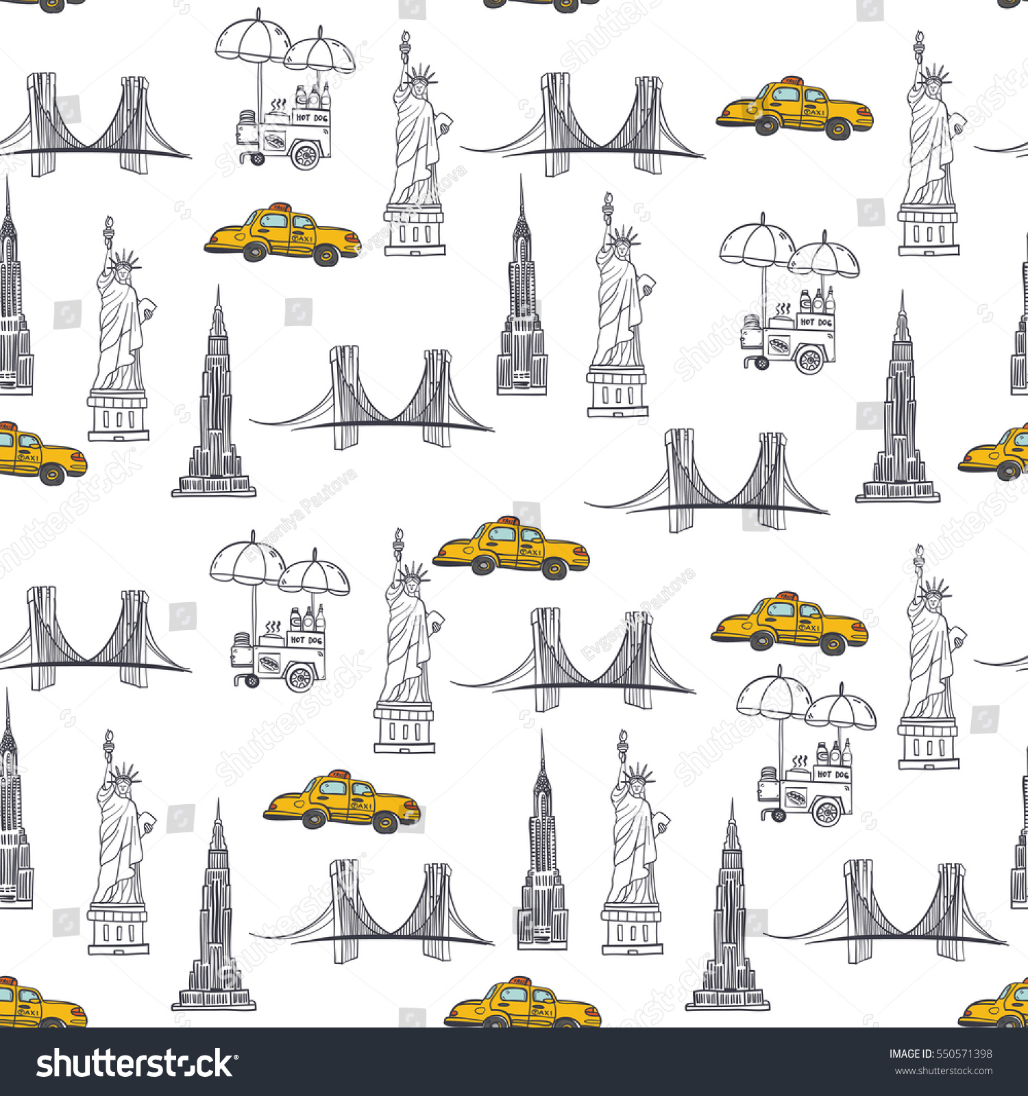 SVG of Hand drawn seamless vector pattern with symbols of New York City, statue of liberty, hot dog stand, Brooklyn bridge, Chrysler building, Empire State Building svg