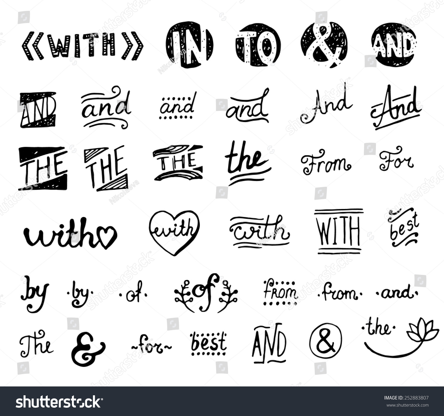 stock vector hand drawn set catchwords with and in to for from the of by 252883807
