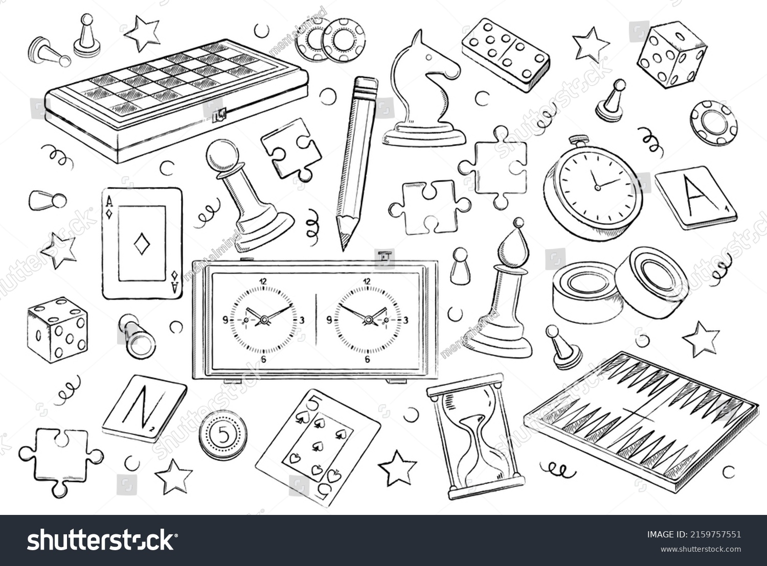 SVG of Hand drawn set of board game element. Icons with cards, chess, backgammon, puzzles, checkers, poker and dice. Games for entertainment and recreation. Cartoon flat vector collection in linear style svg