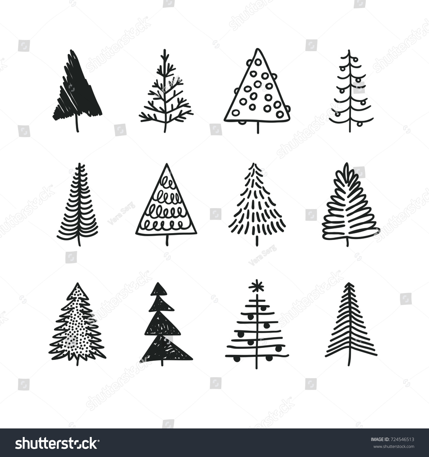 Hand drawn set of Christmas trees Holidays background Abstract doodle drawing woods Vector