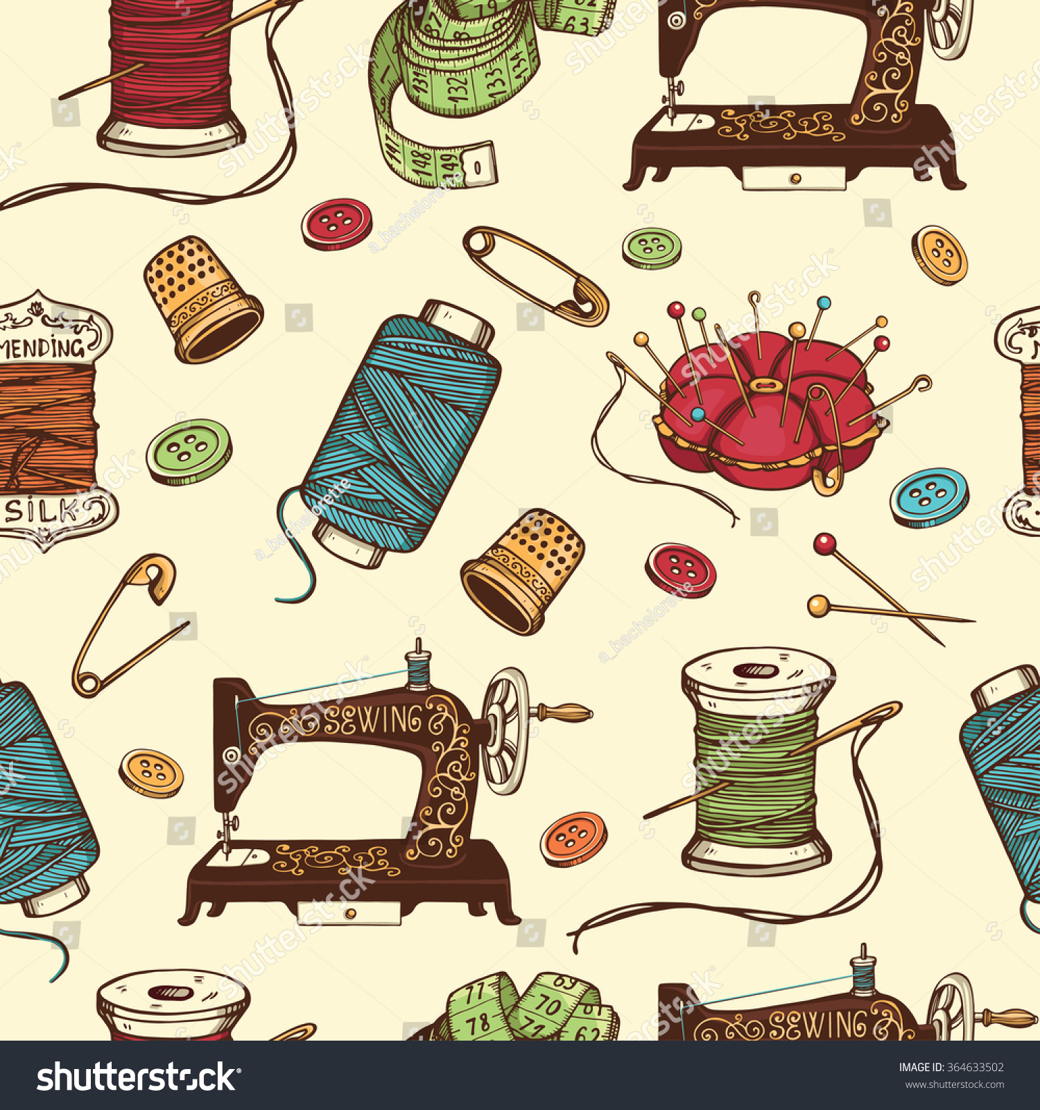 Hand Drawn Sewing Tools Seamless Pattern Stock Vector (Royalty Free ...