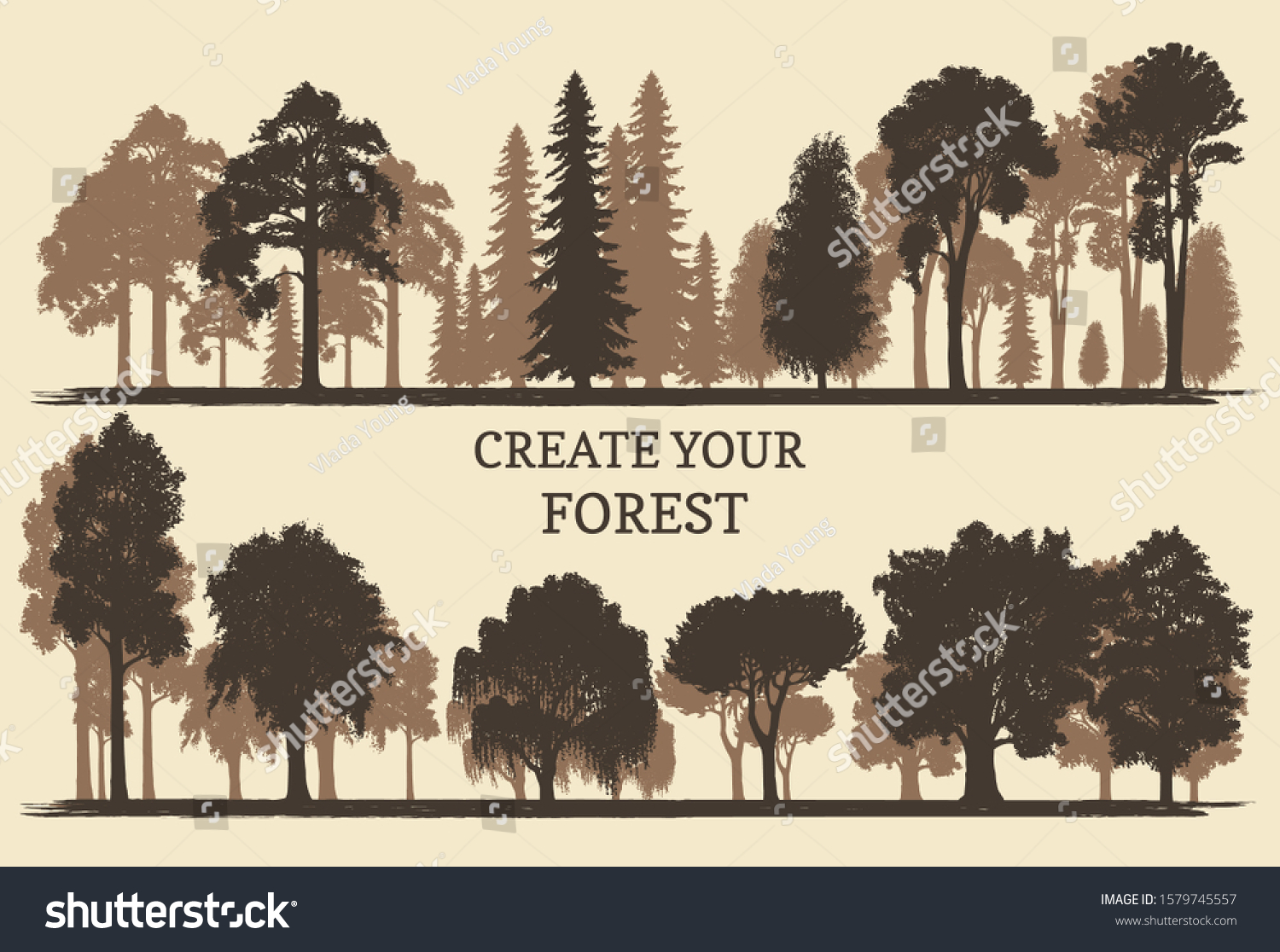 SVG of Hand drawn silhouettes of different trees. Create your own forest. Vector sketches of coniferous or deciduous woods. svg