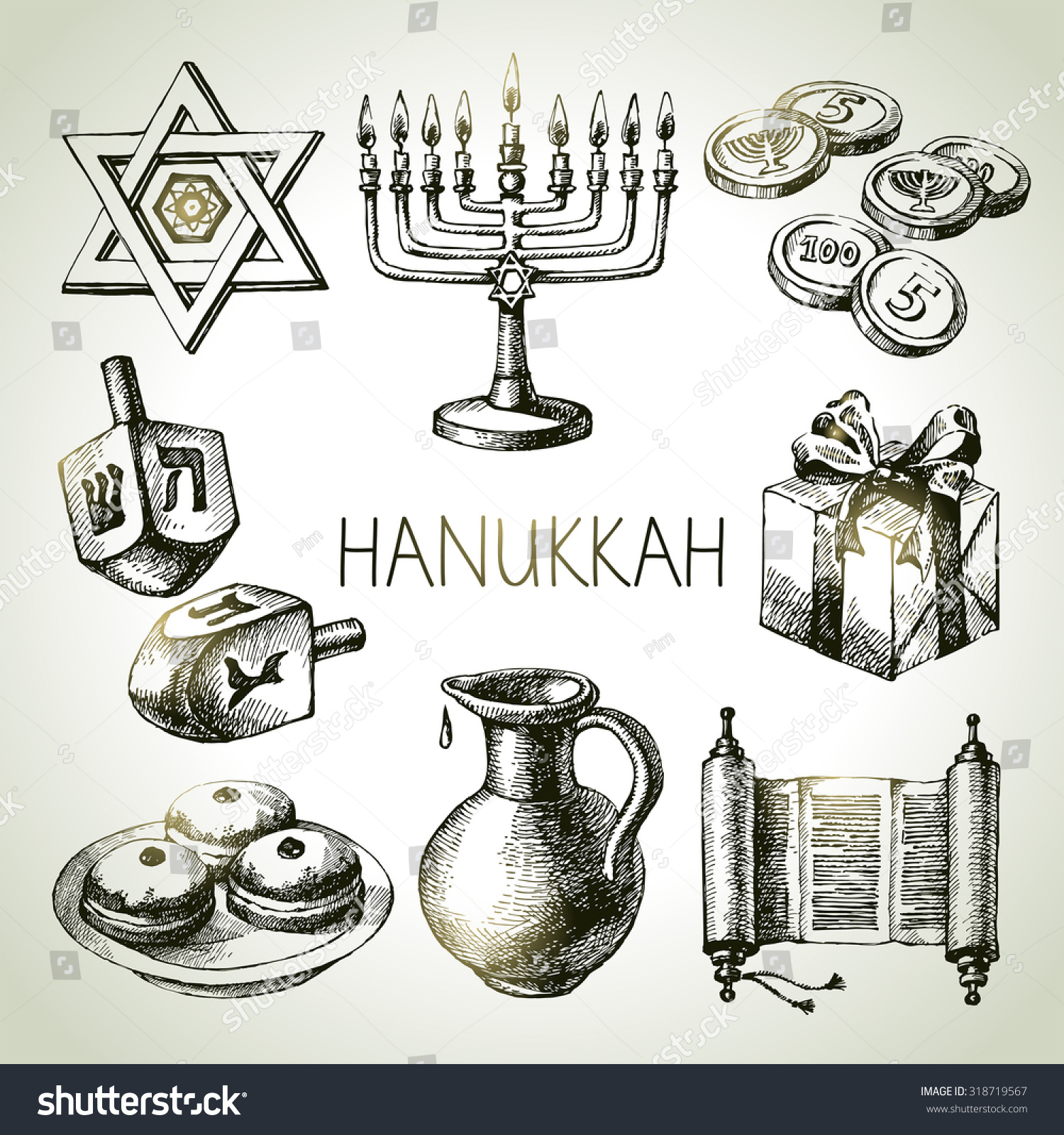 Hand Drawn Sketch Hanukkah Elements Set Stock Vector (Royalty Free ...