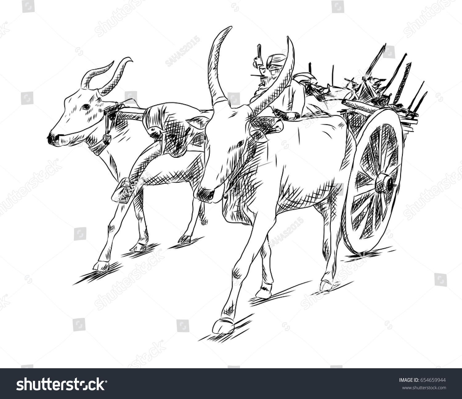 Hand Drawn Sketch Bullock Cart Vector Stock Vector 654659944 - Shutterstock