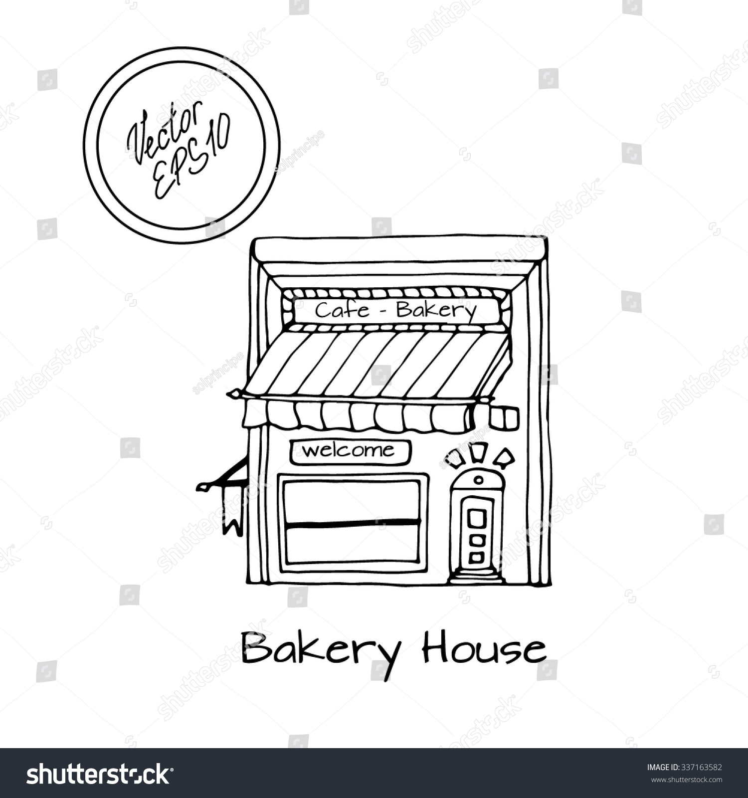 Hand drawn sketch of detached house and bakery big window black and white sketch