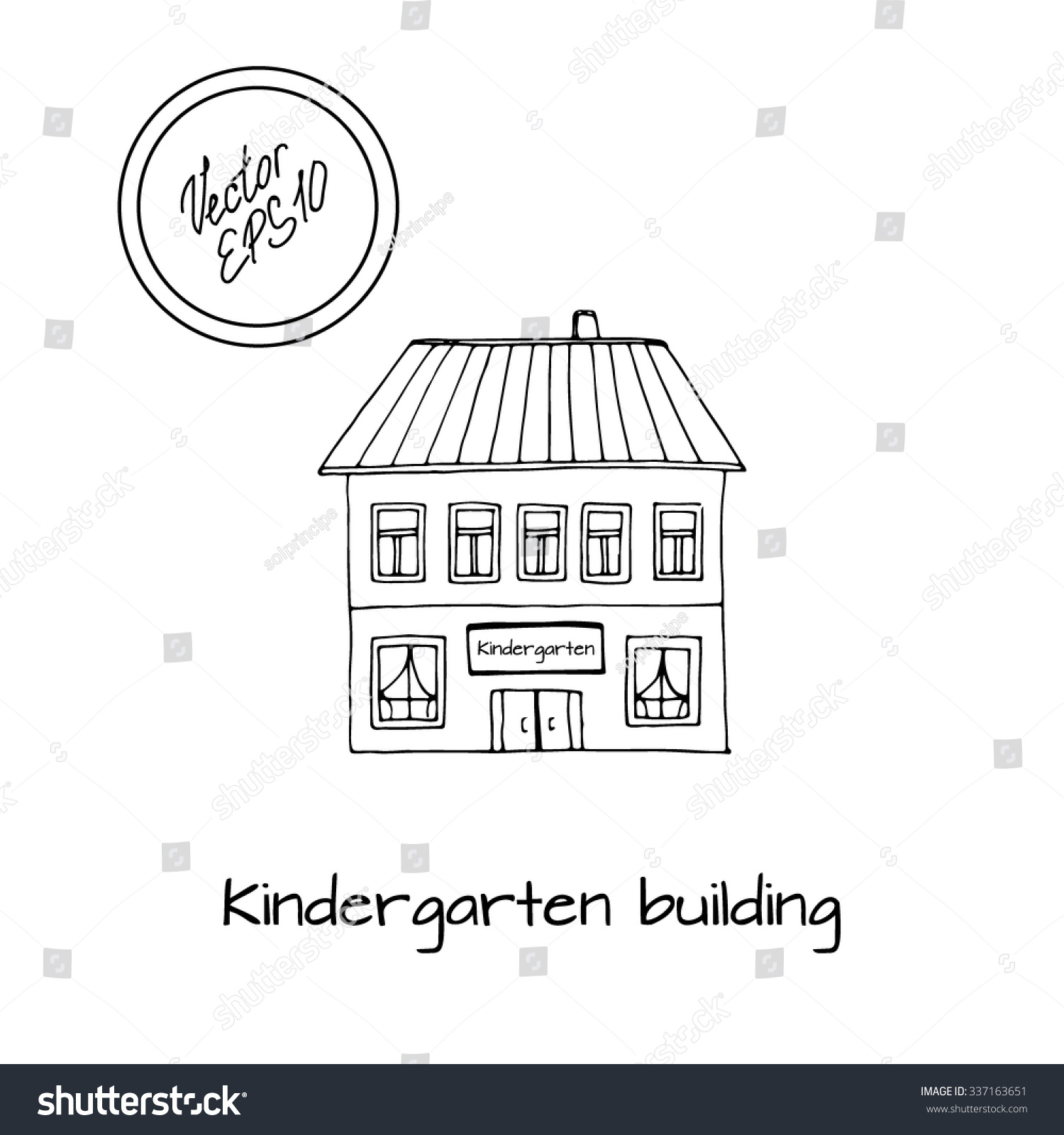 Hand drawn sketch of detached house with kindergarten and big windows and roof black and