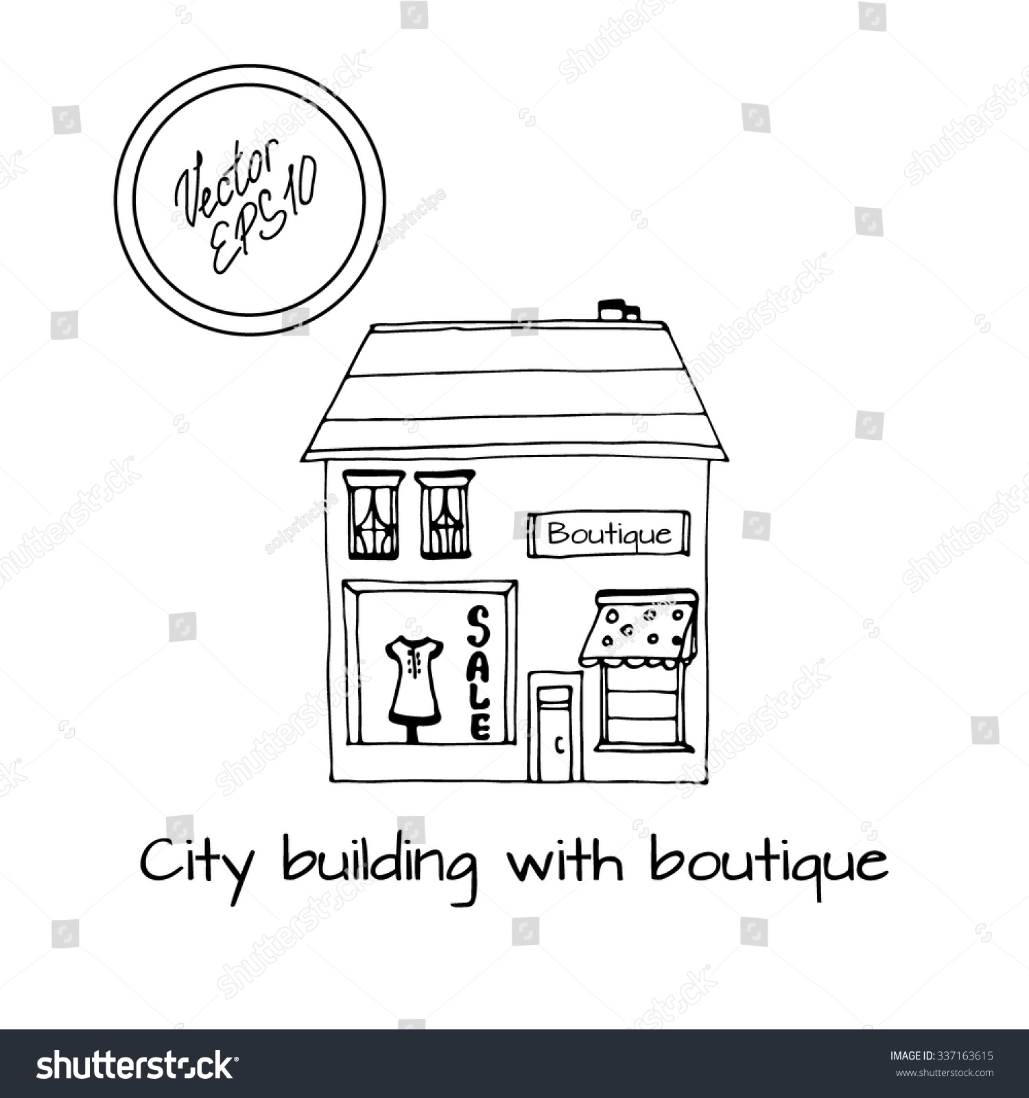 Hand drawn sketch of detached house with shop and big windows and roof black and