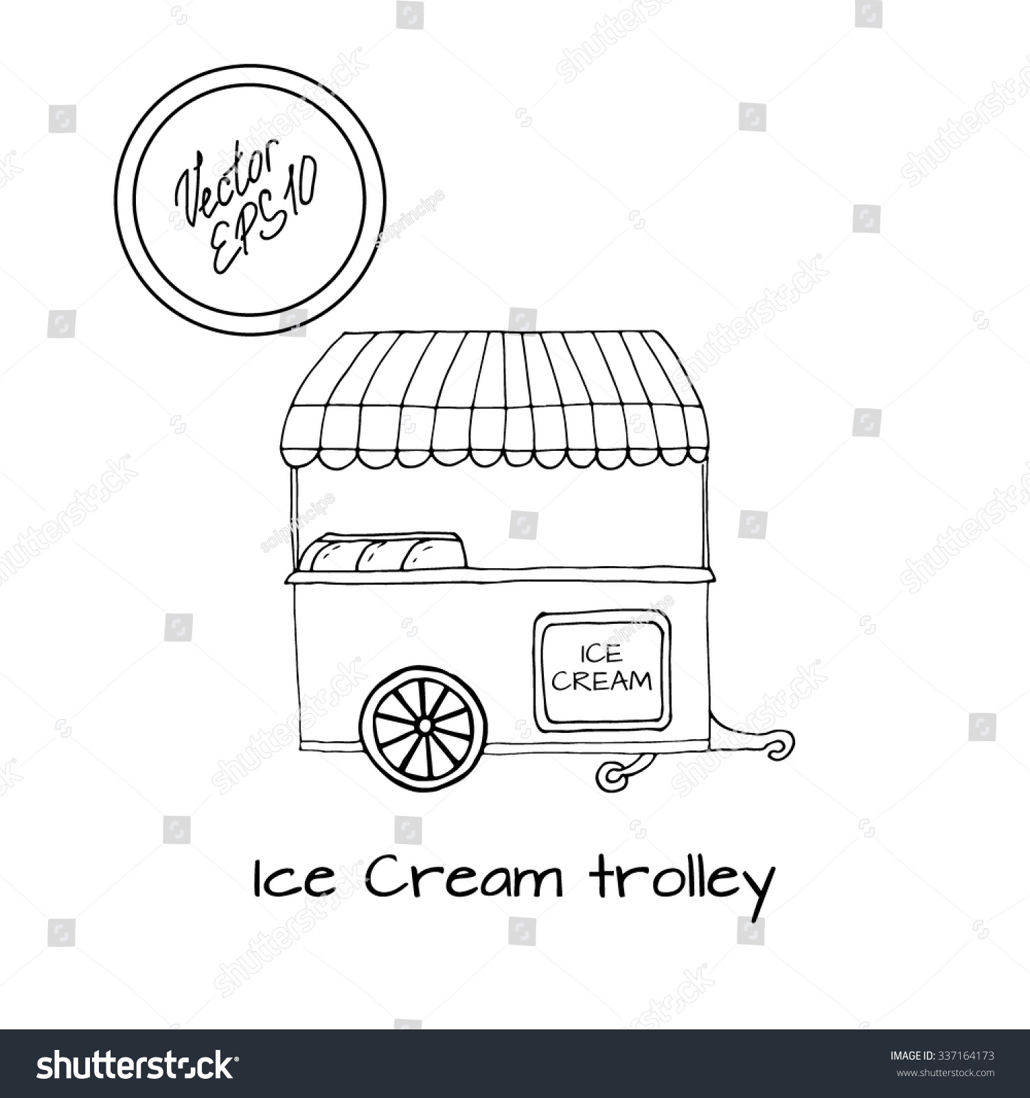 Hand drawn sketch of ice cream trolley black and white sketch front view with
