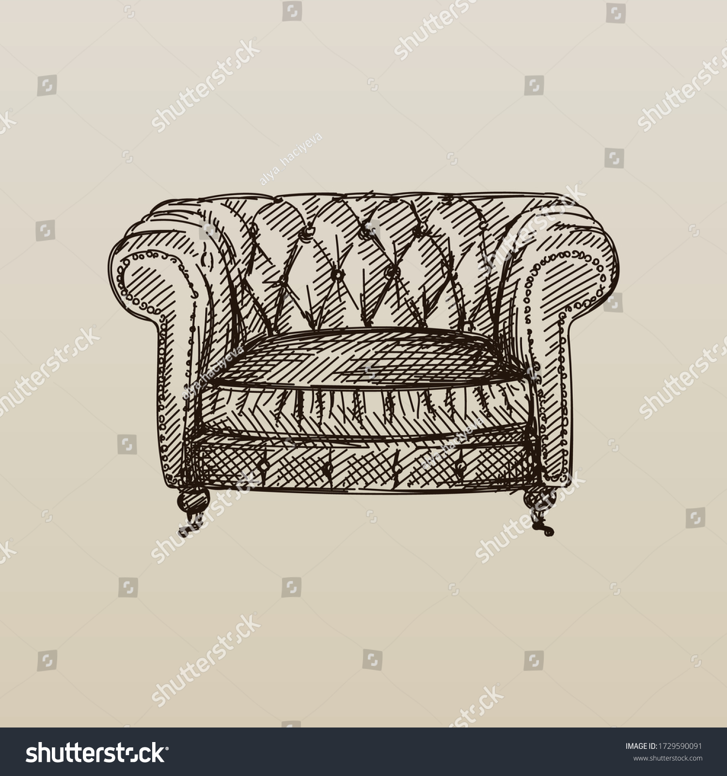 Handdrawn Sketch Wide Chesterfield Leather Armchair Stock Vector Royalty Free 1729590091