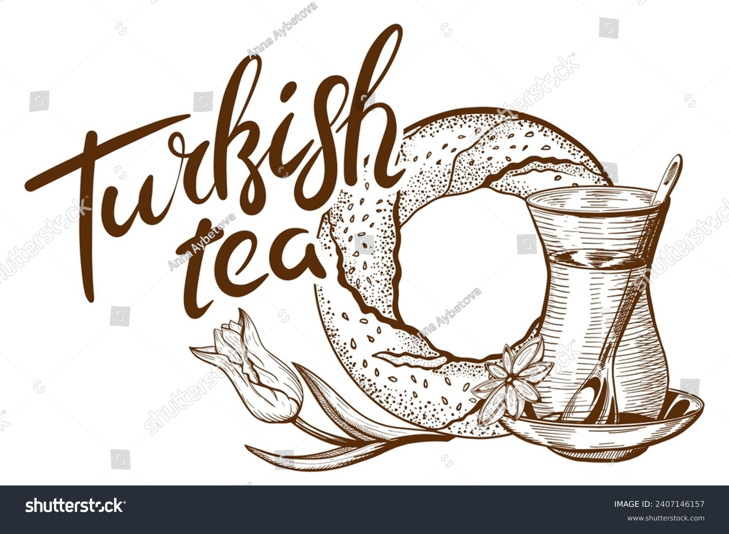 SVG of Hand Drawn sketches of Glass of Turkish Tea, and Bagel. Food Symbols of Istanbul with lettering Turkish Tea. Vector illustration. svg