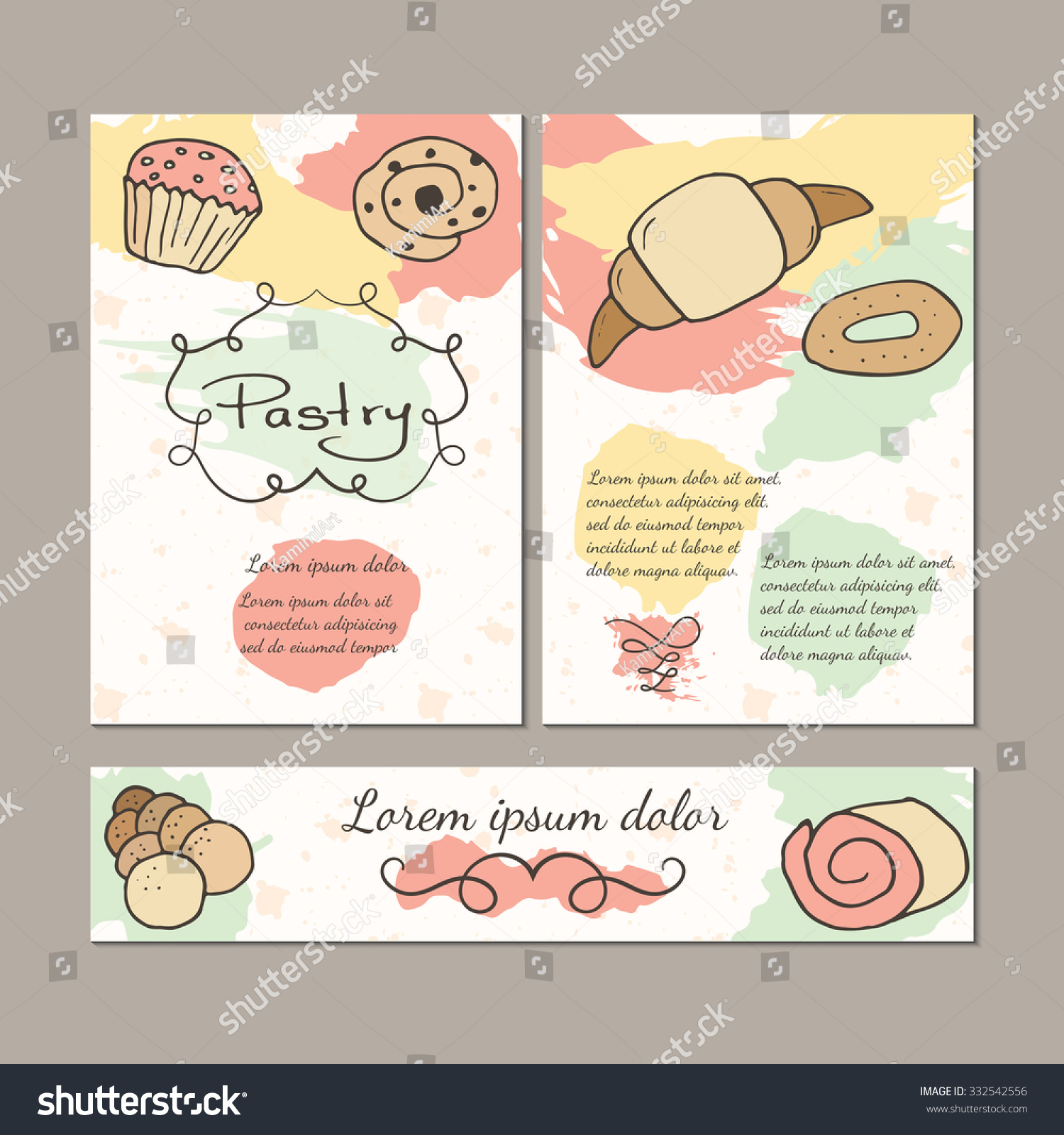 Hand Drawn Sweet Pastry Colorful Template Set. Bakery Vector Elements ...