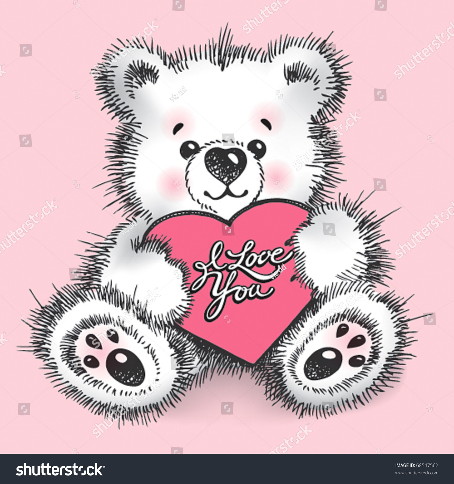 Hand Drawn Teddy Bear With A Heart In Paws On A Pink Background. Vector ...