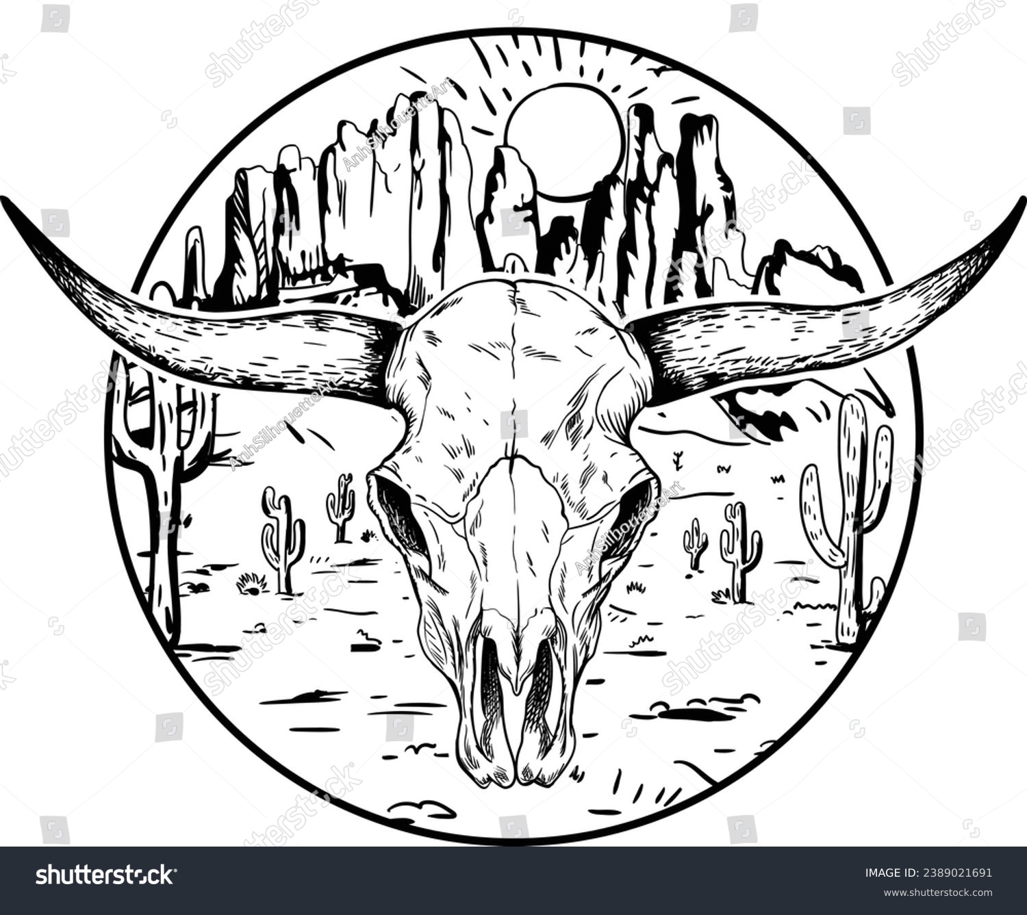 SVG of Hand Drawn Texas Skull, Longhorn Cow Skull, Bull Skull, Western, Desert Cow Skull, Laser Cut File, Silhouette svg