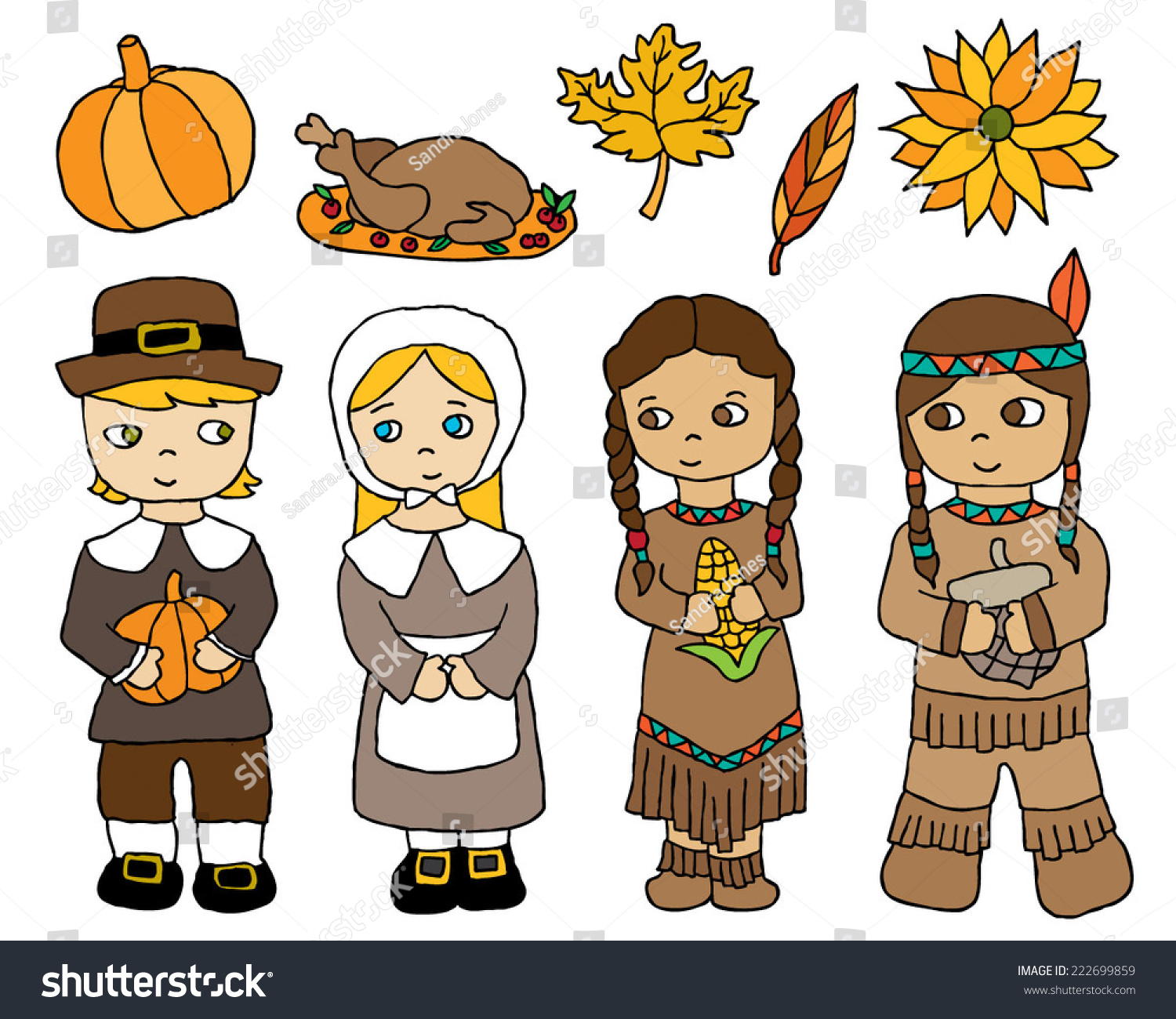 Hand Drawn Thanksgiving Characters Icons Stock Vector (Royalty Free ...