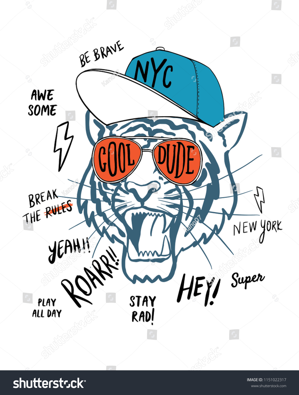 手描きの虎のイラスト 眼鏡 帽子 手描きのスローガン Tシャツなどの用途に使用するベクター画像 のベクター画像素材 ロイヤリティフリー